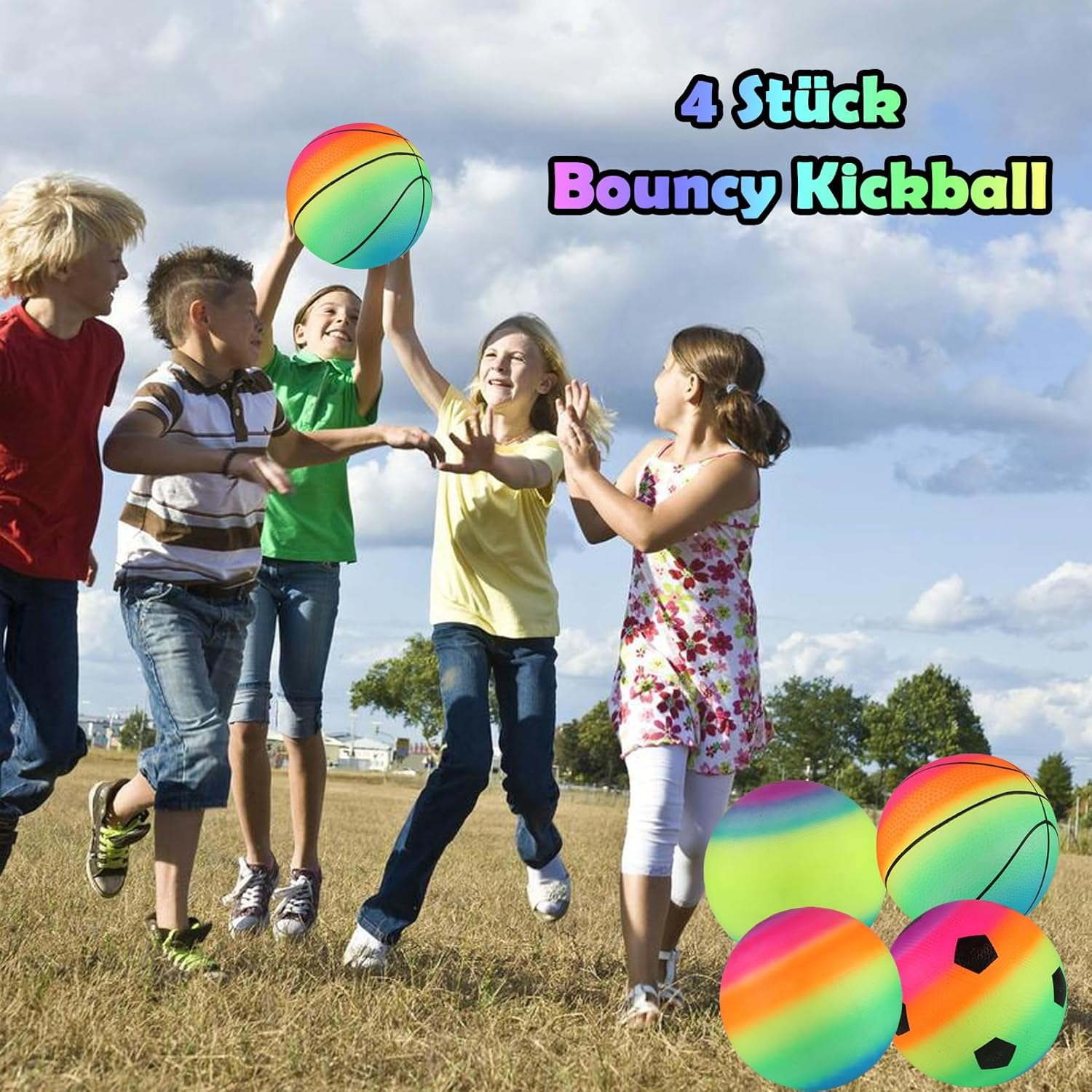 Smilixin Pack of 4 Bouncy Kickball, PVC Rainbow Ball, Children, Children'S Play Ball, Beach Ball with Pump, Football Softball, Children'S Ball for Indoor and Outdoor Use, 8.5 Inches image number 4