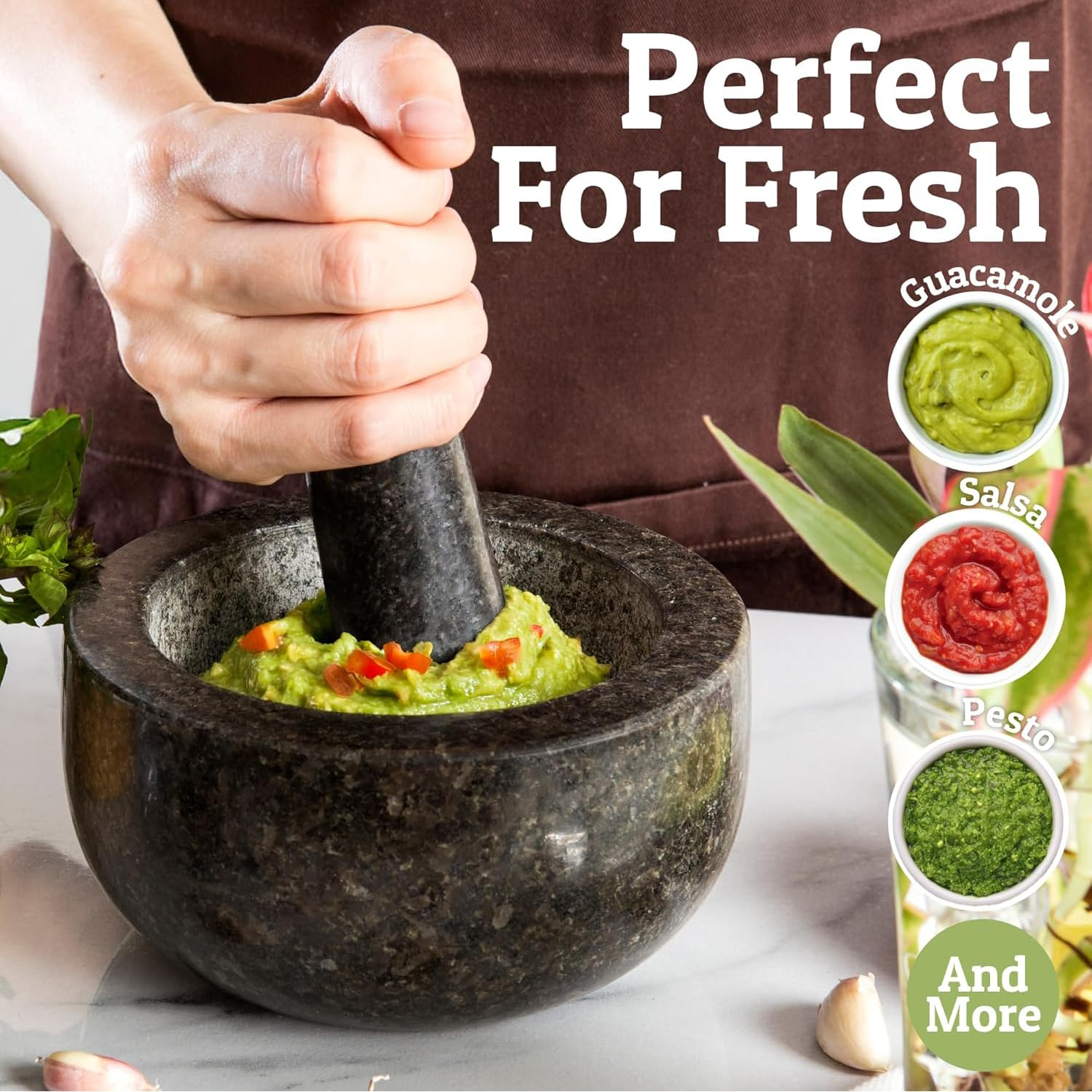 Heavy Duty Large Mortar and Pestle Set,100% Granite, Non Slip Base, Make Fresh Guacamole, Salsa, Pesto, Stone Grinder Bowl, Herb Crusher, Spice Grinder (Black(Polished), 2Cup) image number 3