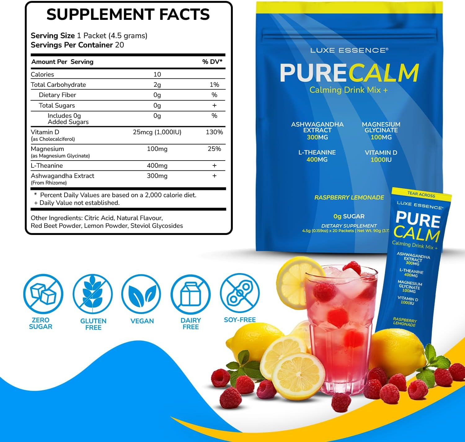 Purecalm Magnesium Drink Mix | Magnesium Glycinate with Ashwagandha, L-Theanine & Vitamin D | Sugar-Free Electrolyte Blend | Raspberry Lemonade Flavour | 20 Stick Packs image number 5
