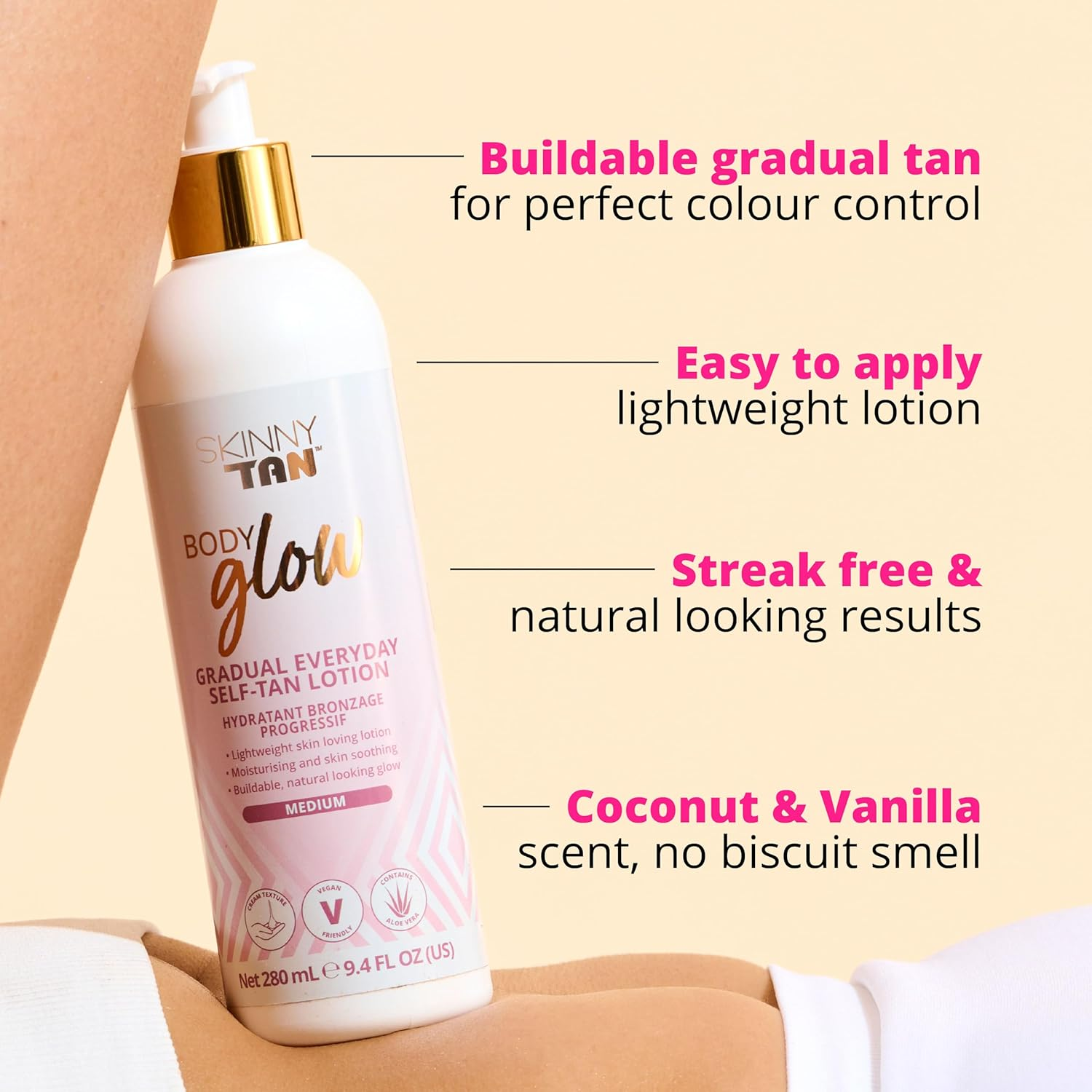 Skinny Tan Body Glow Gradual Tan Lotion - Lightweight, Fast-Absorbing Formula - Coconut and Vanilla Scent - Enriched with Aloe Vera and Guarana - Natural, Streak Free Gold Colour - Medium - 9.4 Oz