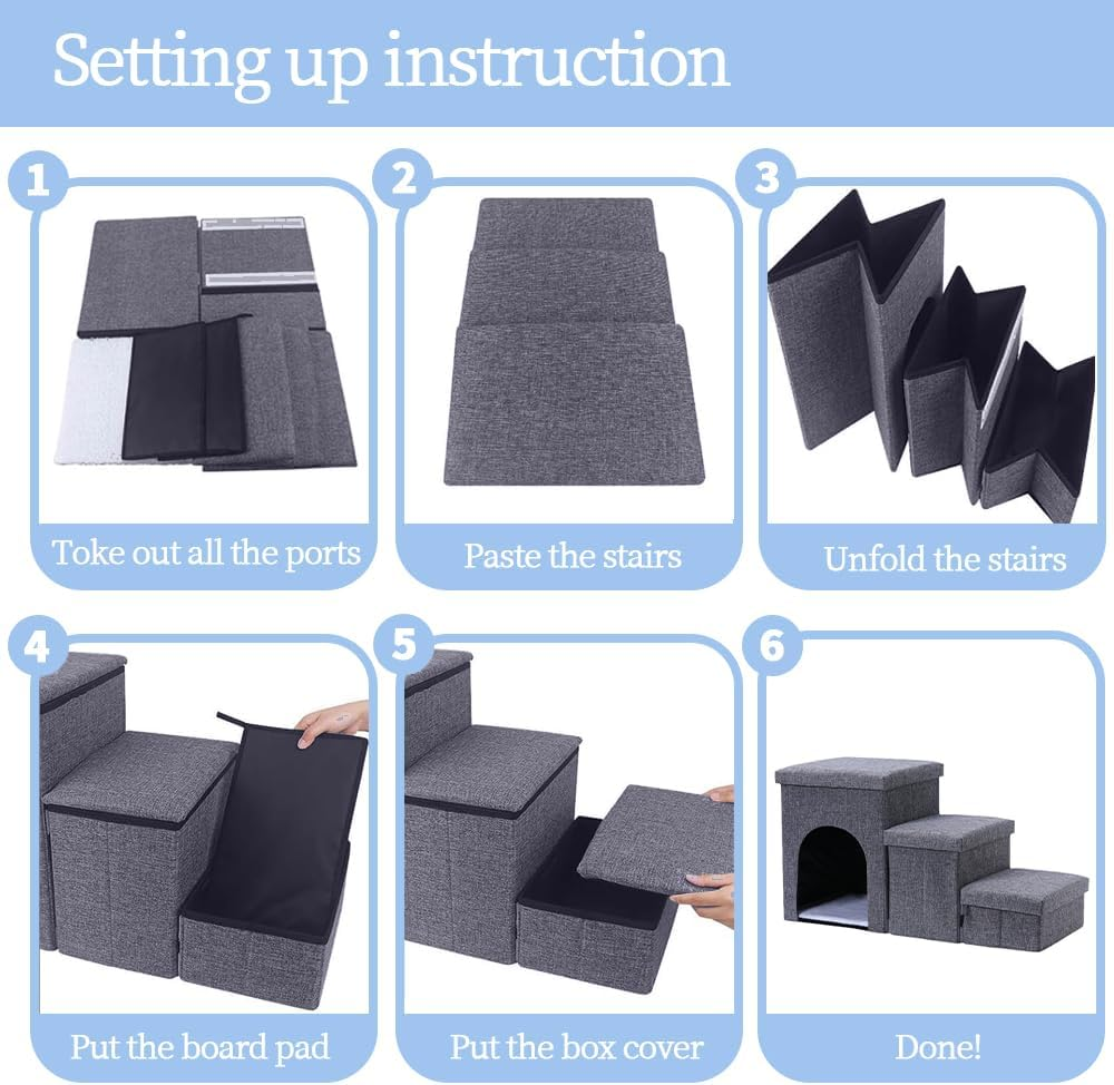 TOMVAES Dog Stairs for Bed, Pet Steps for Small Dogs and Cats, Portable Heavy-Loaded Dog Steps with Storage Box 3-Step to Couch,Doggie Car Ramp for Older Dogs image number 4
