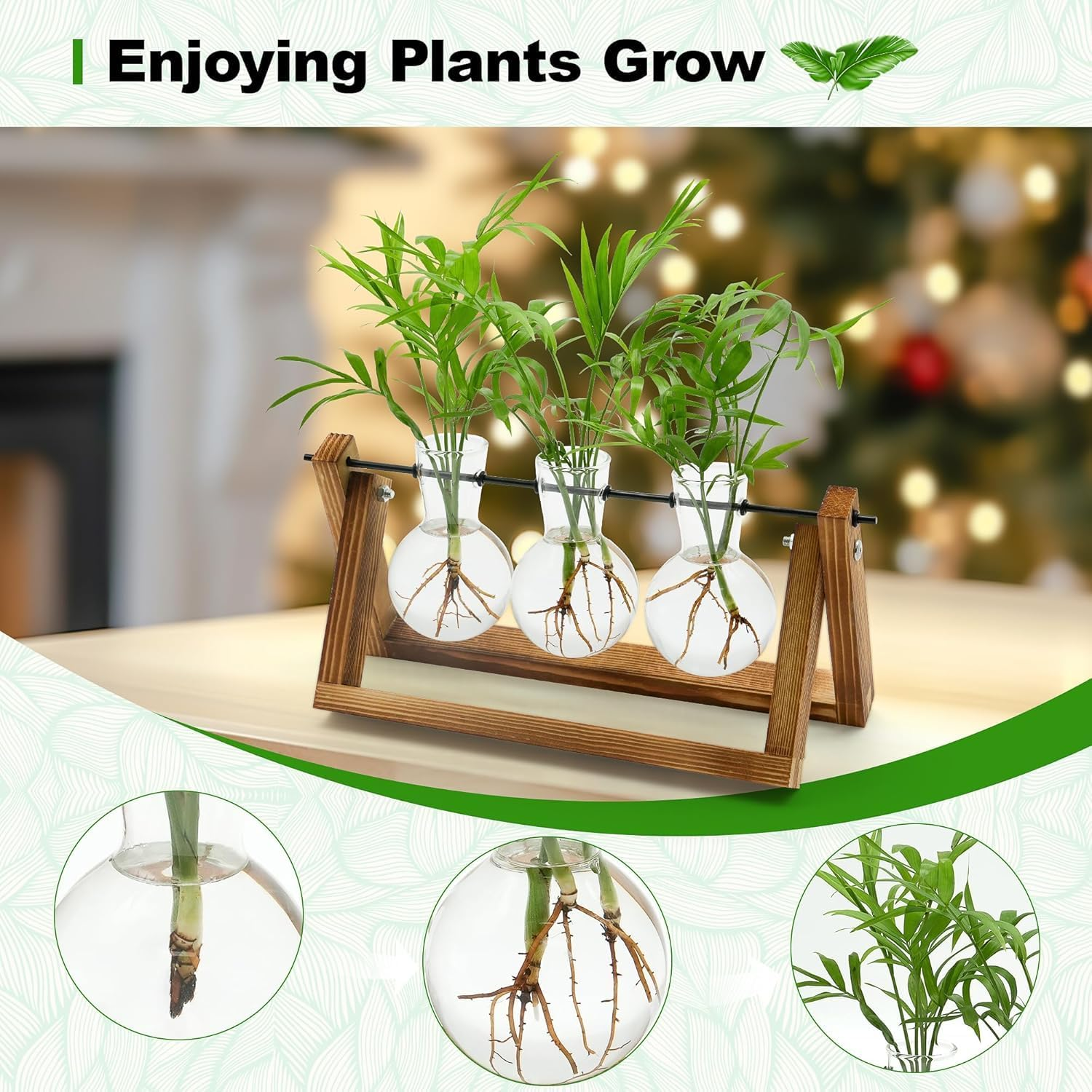 Plant Terrarium with Wooden Stand, 3 Bulb Vase Air Planter Bulb Glass Vase Metal Swivel Holder Retro Tabletop for Hydroponics Home Garden Office Decoration image number 3