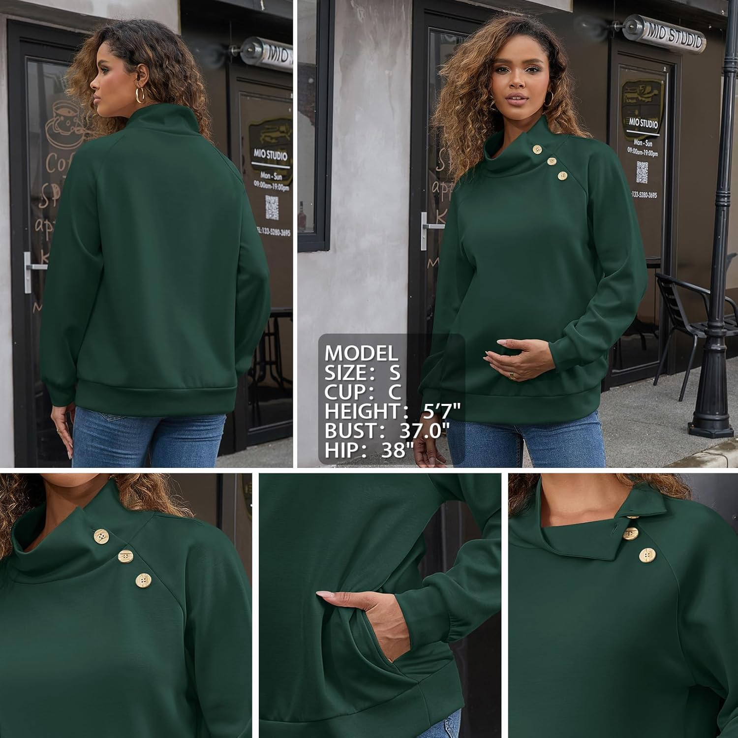 Maternity Turtleneck Sweatshirt for Women Buttons Pullover Shirts Long Sleeve Tops as Clothing with Side Pockets