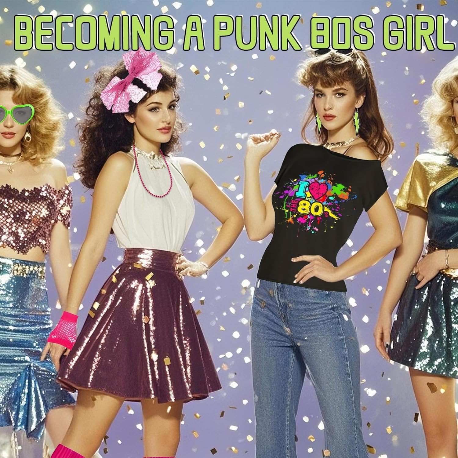 21PCS 1980S Girl'S Clothing and Accessory Set, 1980S Party Accessories, T - Shirt Printed with 80S Elements Matched with Necklace, Fishnet Gloves, Etc. for 80S Themed Party, Carnivals