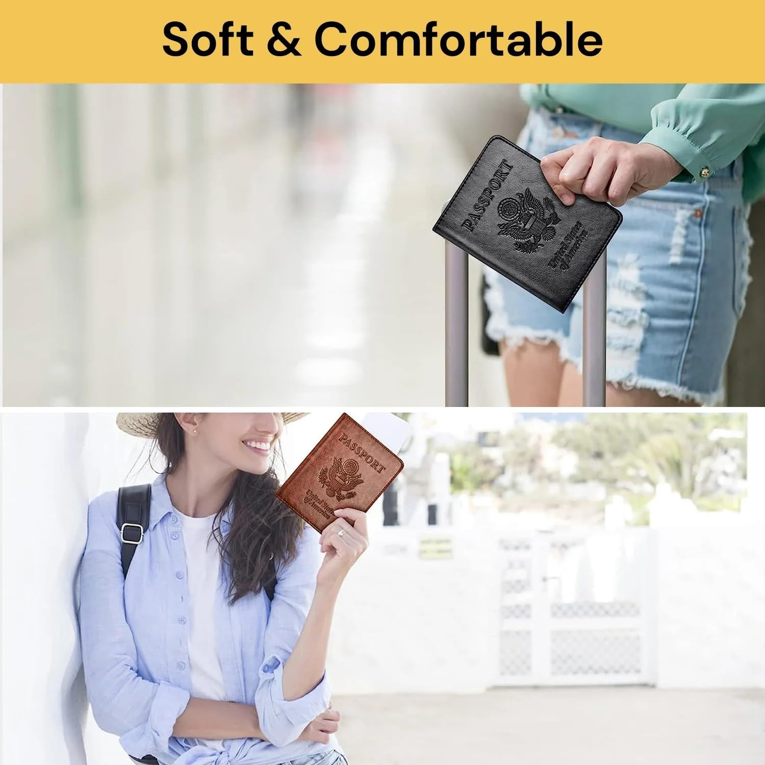 EZONEDEAL Passport Holder Travel Cover Case Wallet, Travel Essentials RFID Blocking Leather Card Case International Travel Must Haves Travel Accessories for Women & Men (Black) - Brown image number 3