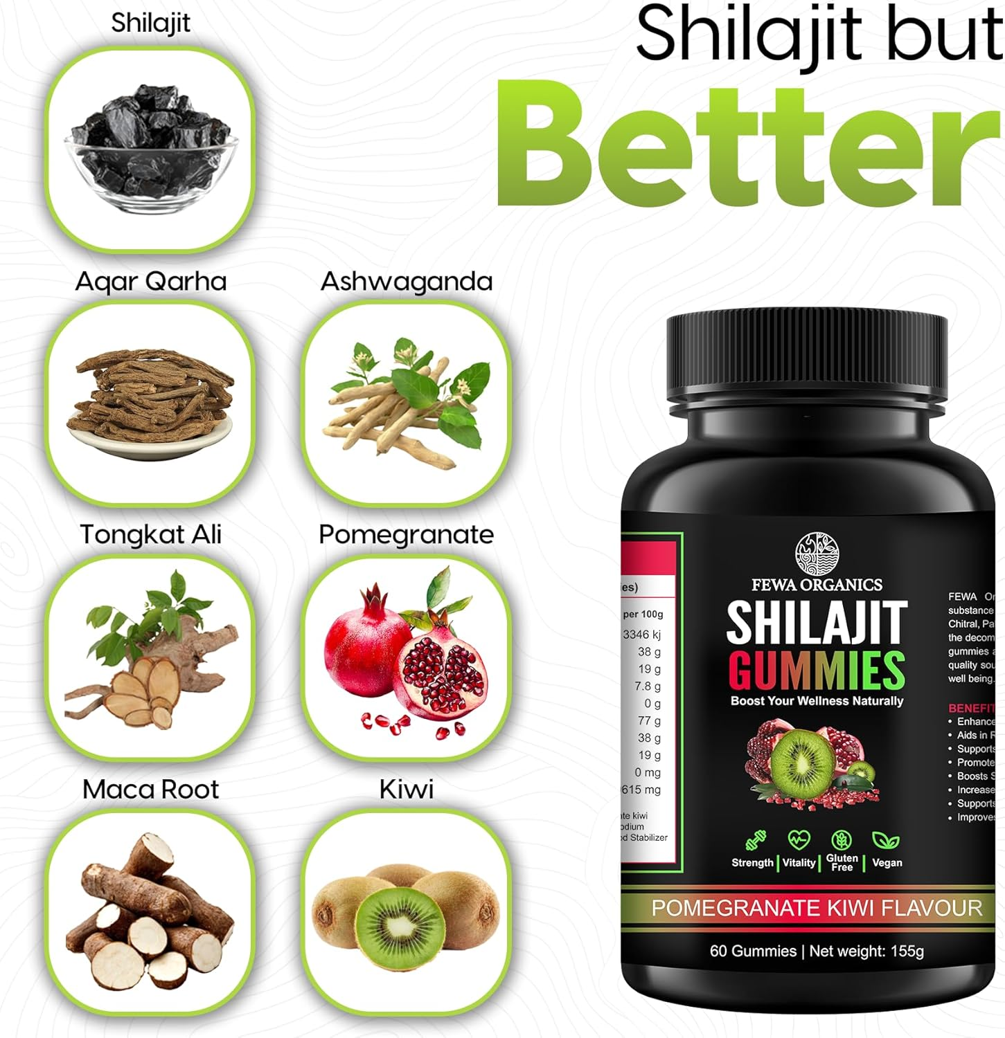 15000Mg 5-1 Pure Himalayan Shilajit Gummies Gold | Ashwagandha | Maca Root | Tongkat Ali | Aqarqara | Lab Tested | Rich in Fulvic Acid & 85+ Trace Minerals | Vegan Organic Product 60 Gummies Pomegranate Kiwi image number 5