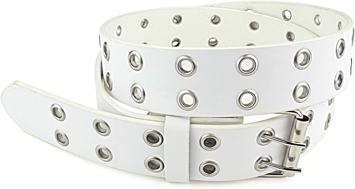 Double Grommet Leather Belt - PU Leather - Double Prong Belt Buckle - 2 Hole Grommet Belt for Women Men by Belle Donne