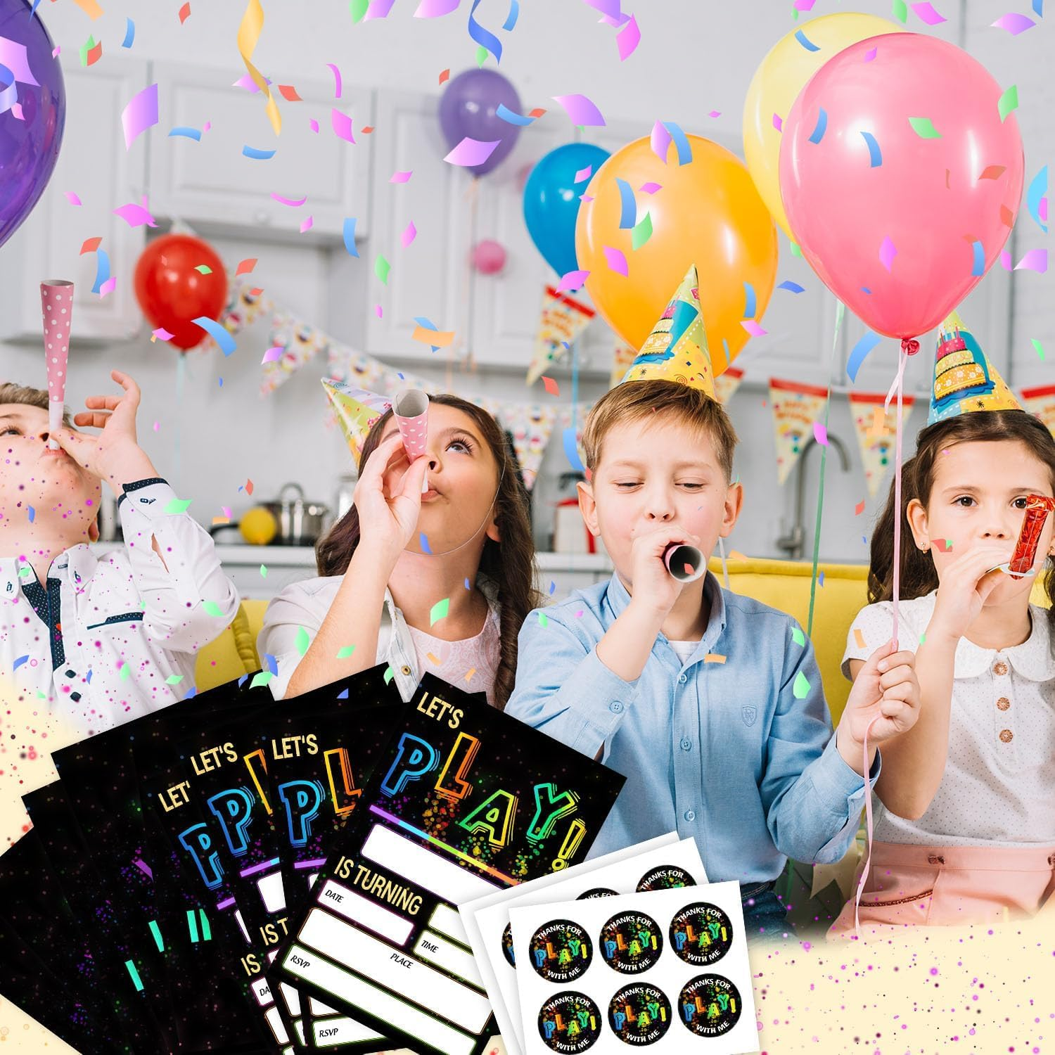20 Pcak Glow Birthday Invitations Let'S Play Birthday Party Invitations, 4 X 6 Inch Glow Trampoline Play Party Invitation Cards, Double-Sided Party Invitation,20 Cards Envelopes Stickers image number 2