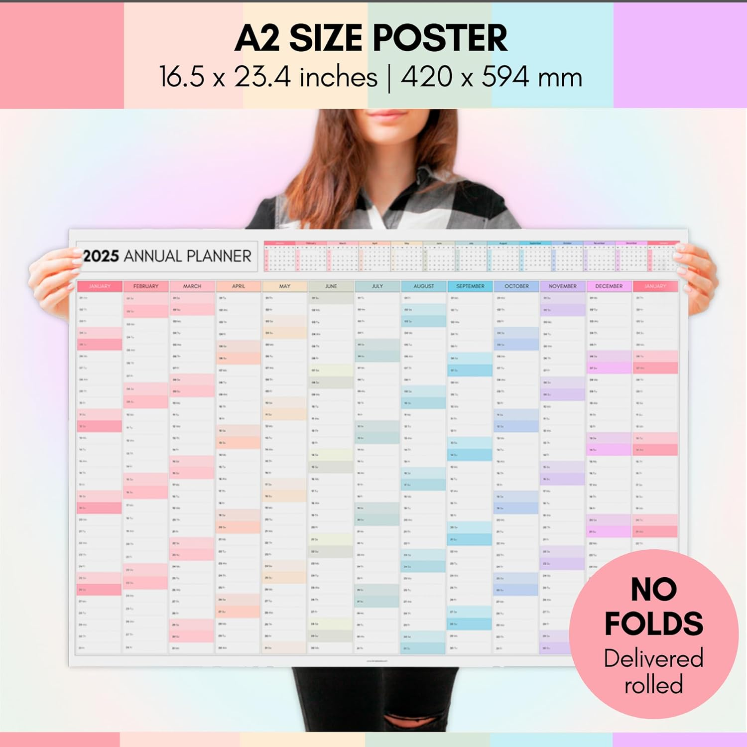 2025 Monthly Wall Planner, A2 60Cm X 42Cm | Rainbow Wall Calendar 2025, Year Planner, Full Year to View | Organiser for Office, University, School | Colorful (Rolled) image number 3