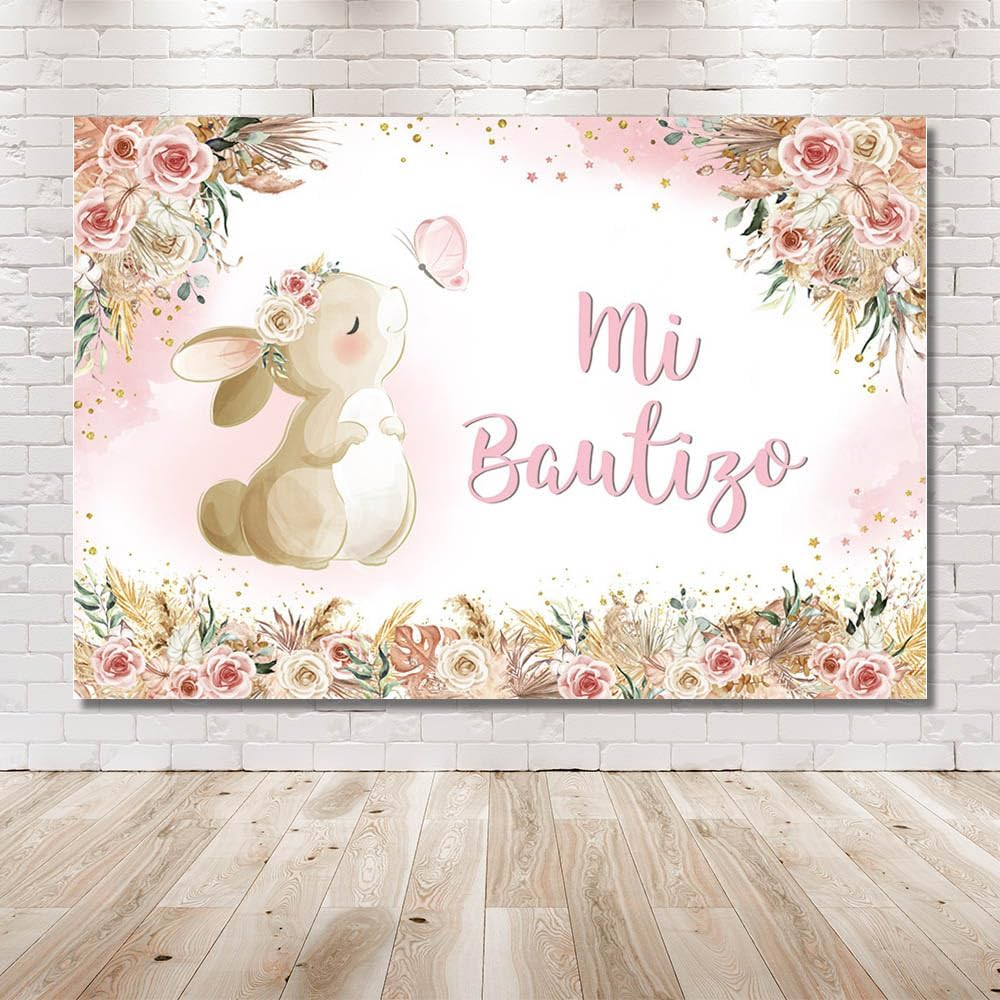 MEHOFOND 2.1 X 1.5 M Girls Christening Background Rabbit My First Communion Cross Bohemian Flower Photography Background Dove Communion Church Christening Party Decoration Banner Studio Supplies image number 4