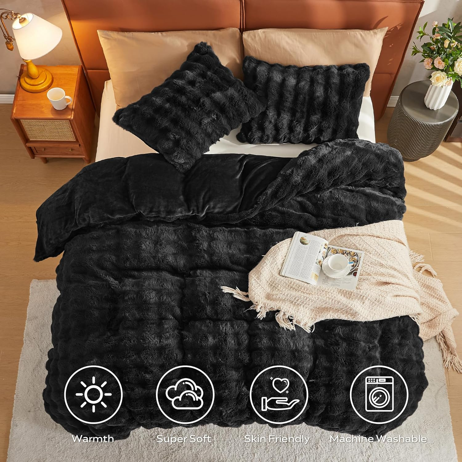 JELLYMONI Plush Duvet Cover Set - Twin Size Black Faux Fur Comforter Cover 2Pcs Bedding Set Luxury Ultra Soft Striped Fluffy Duvet Cover with Zipper and 1 Pillowcase (NO Comforter)