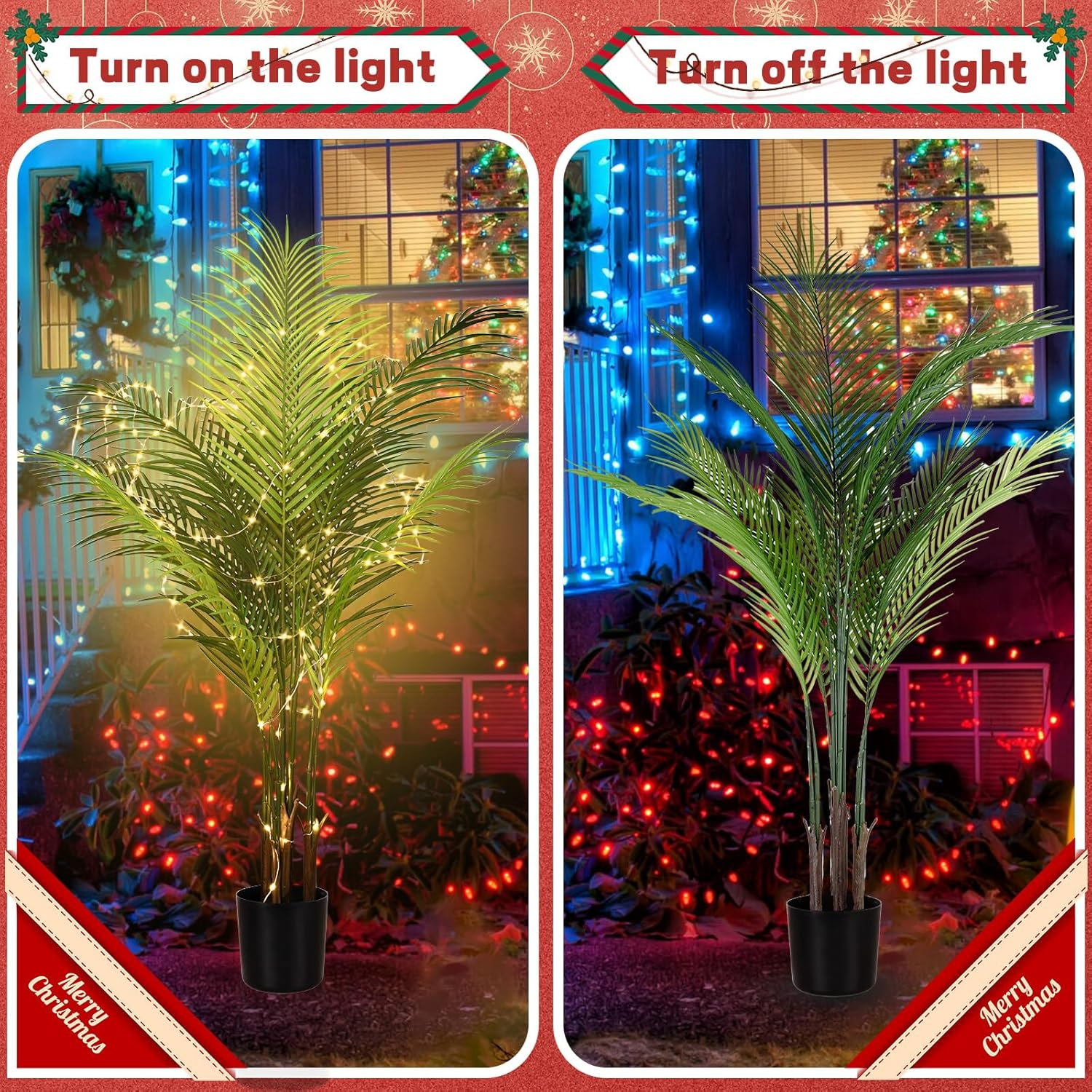 Artificial Areca Palm Plant 3.94 FT/120 Cm Tall Tropical Faux Palm Tree with 100 LED String Lights 10 Leaves Fake Palm Tree for Home Office Living Room Floor Christmas Decor image number 6