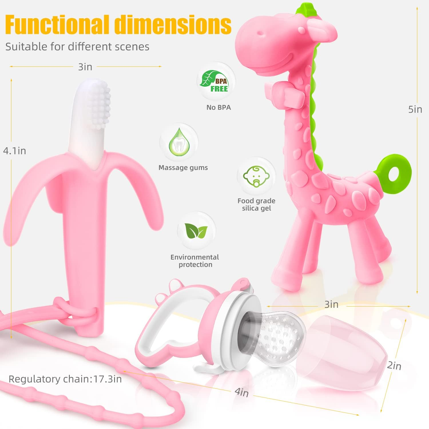 SHARE&CARE Baby Teething Toys and Natural Organic Fruit Feeder Pacifier/Baby Teether Chew Toys Fresh Food Feeder/ 1 Teethers and 1 Feeder with 3 Silicone Sacs (Pink) image number 3