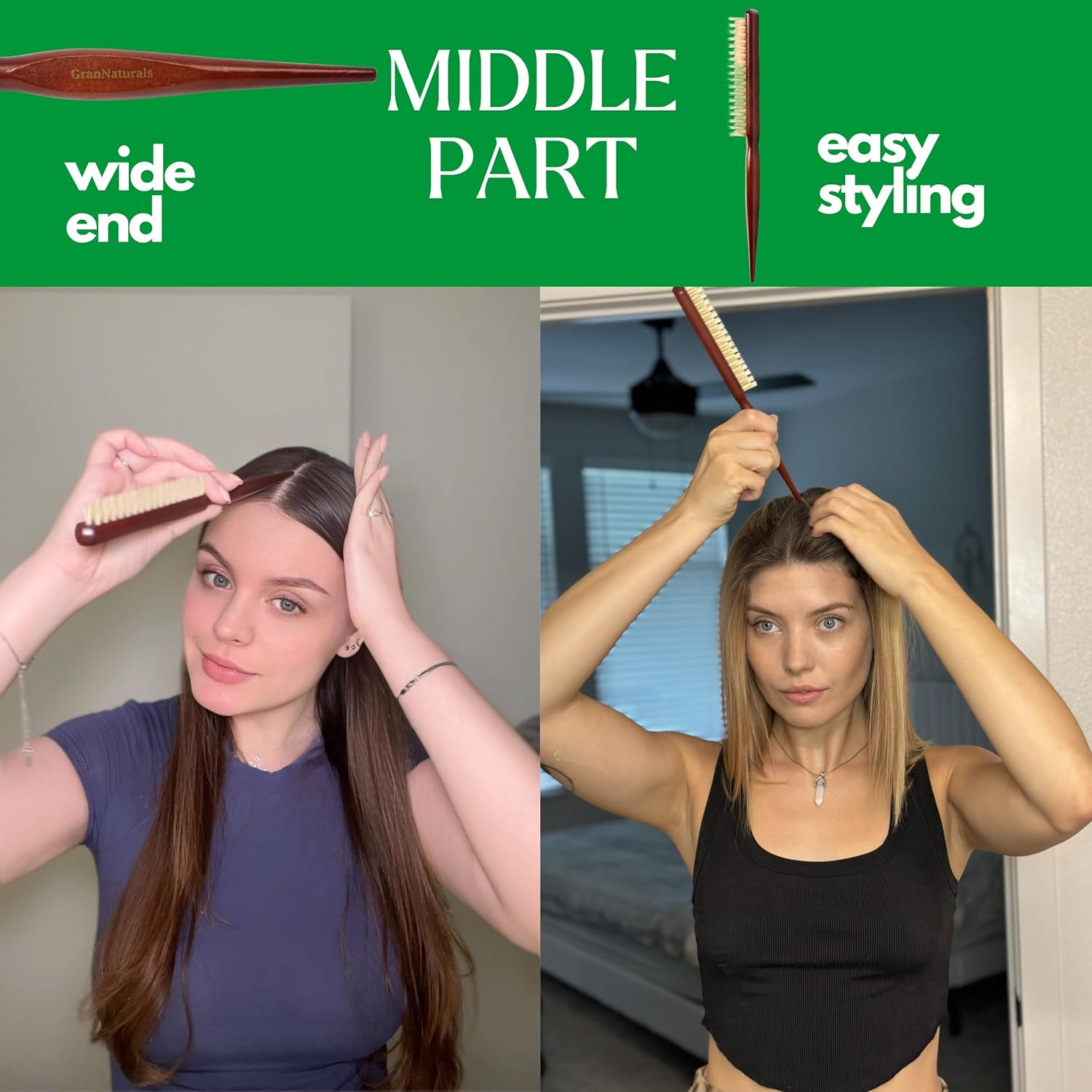 Grannaturals Soft Boar Bristle Teasing Brush for Slick Back Hair, Backcombing, Edge Control, Smoothing Baby Hairs to Create Volume and Sleek Hairstyle - White Bristles - Wooden Rat Tail Comb Handle image number 3