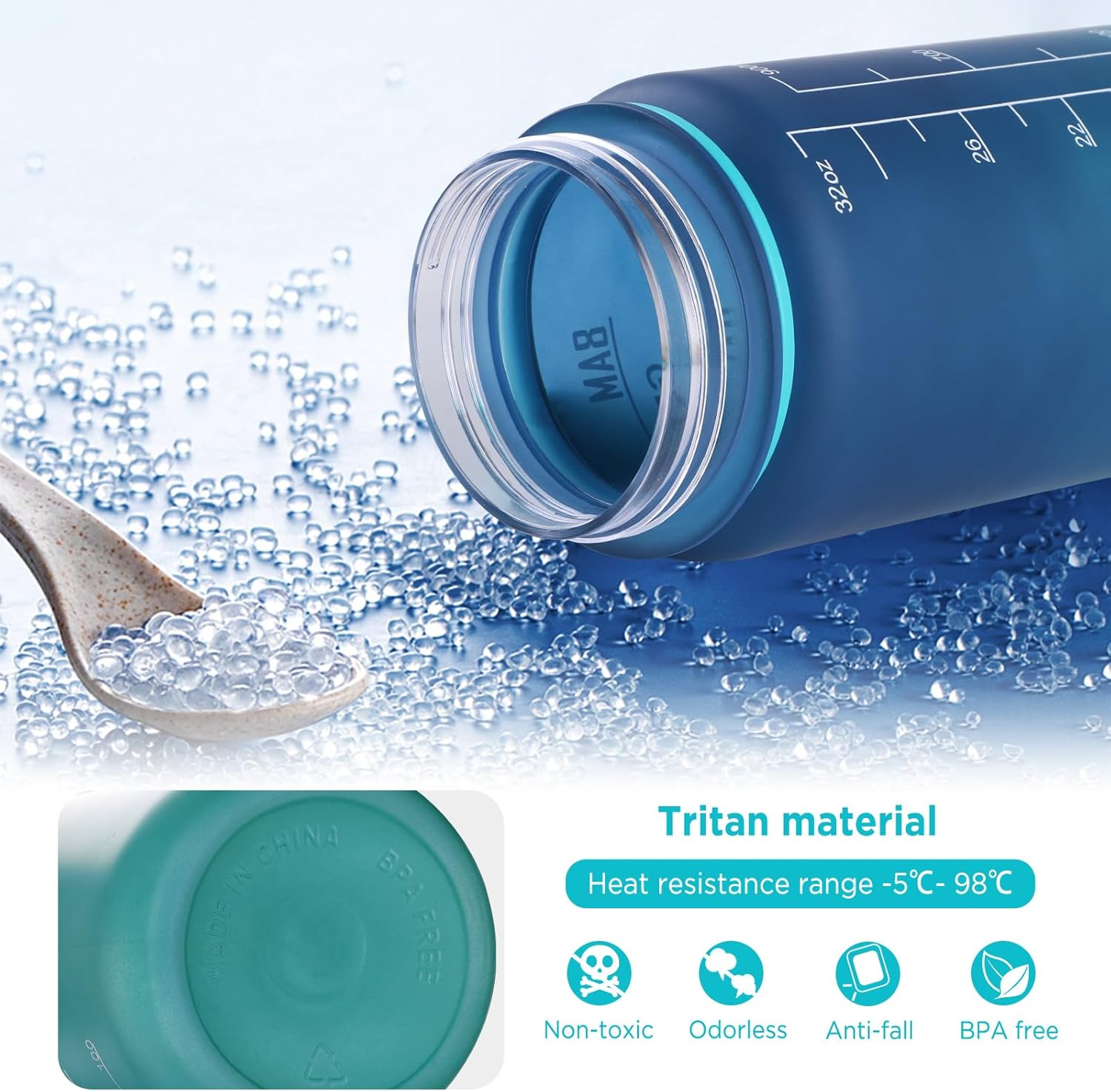 Geeric Sports Water Bottle, 1 Litre Drinking Bottle with Scale & Time Marker Leak-Proof Large Capacity Bottle Straw Cap Durable for Teenager, Adult, Sports, Gym, Fitness, Outdoor, Cycling 32Oz/1000Ml - Blue image number 5