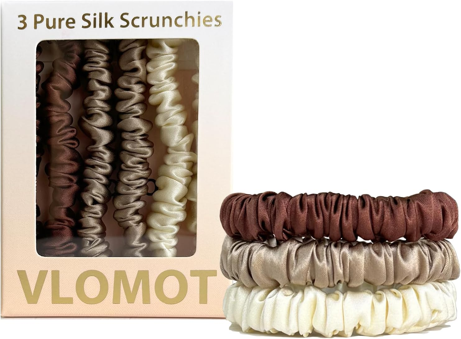 VLOMOT 3 Pcs Set 100% Pure Mulberry Silk Hair Scrunchies Hair Ties with 3 Chic Colors Everyday Skinny Scrunchies Silk Ponytail Holders Hair Care No Damage (Blue)