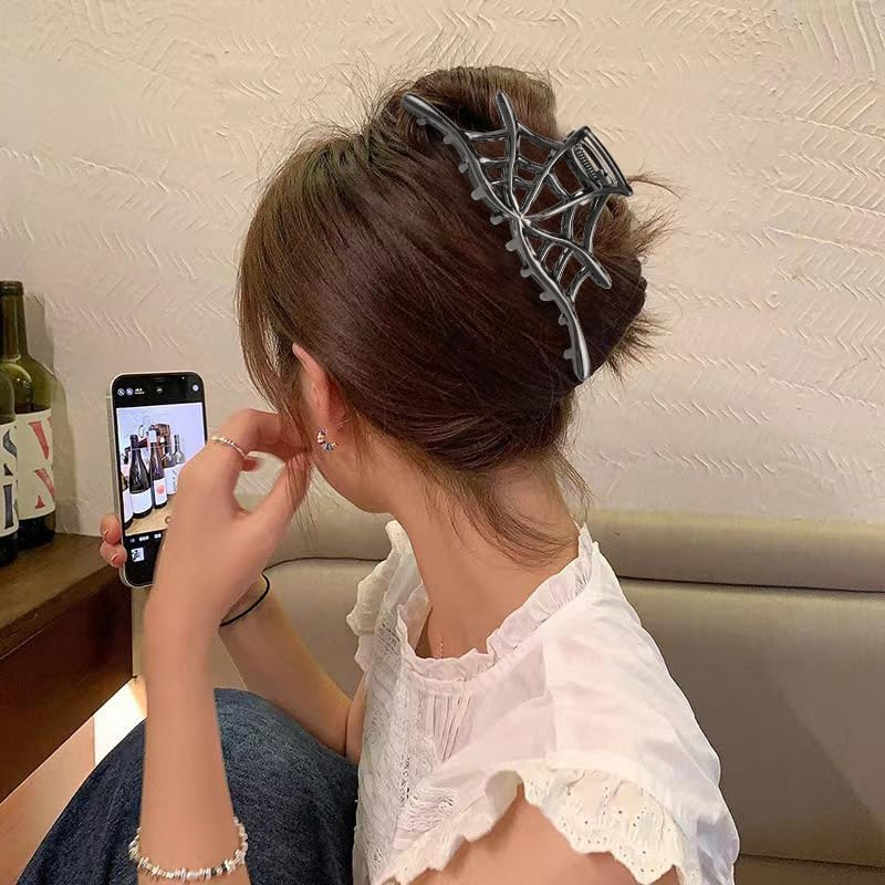 Large Spider Web Claw Clips for Women Girls Halloween Hair Clips for Women Girls Black Spider Web Metal Claw Clip for Hair Accessories for Halloween Party Cosplay - Silver image number 4