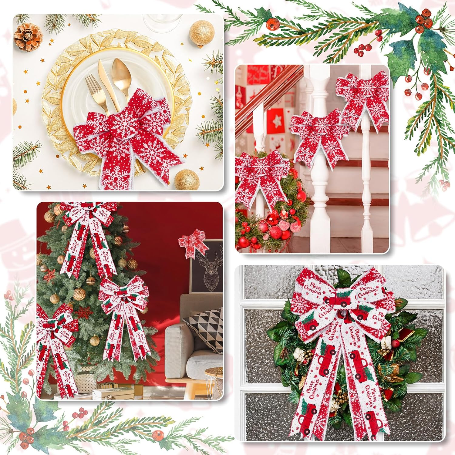Anydesign 24 Yards Christmas Wired Edge Ribbon Red White Xmas Snowflake Truck Fabric Craft Ribbon for Wreath Bow Making Gift Wrapping, 4 Roll image number 3