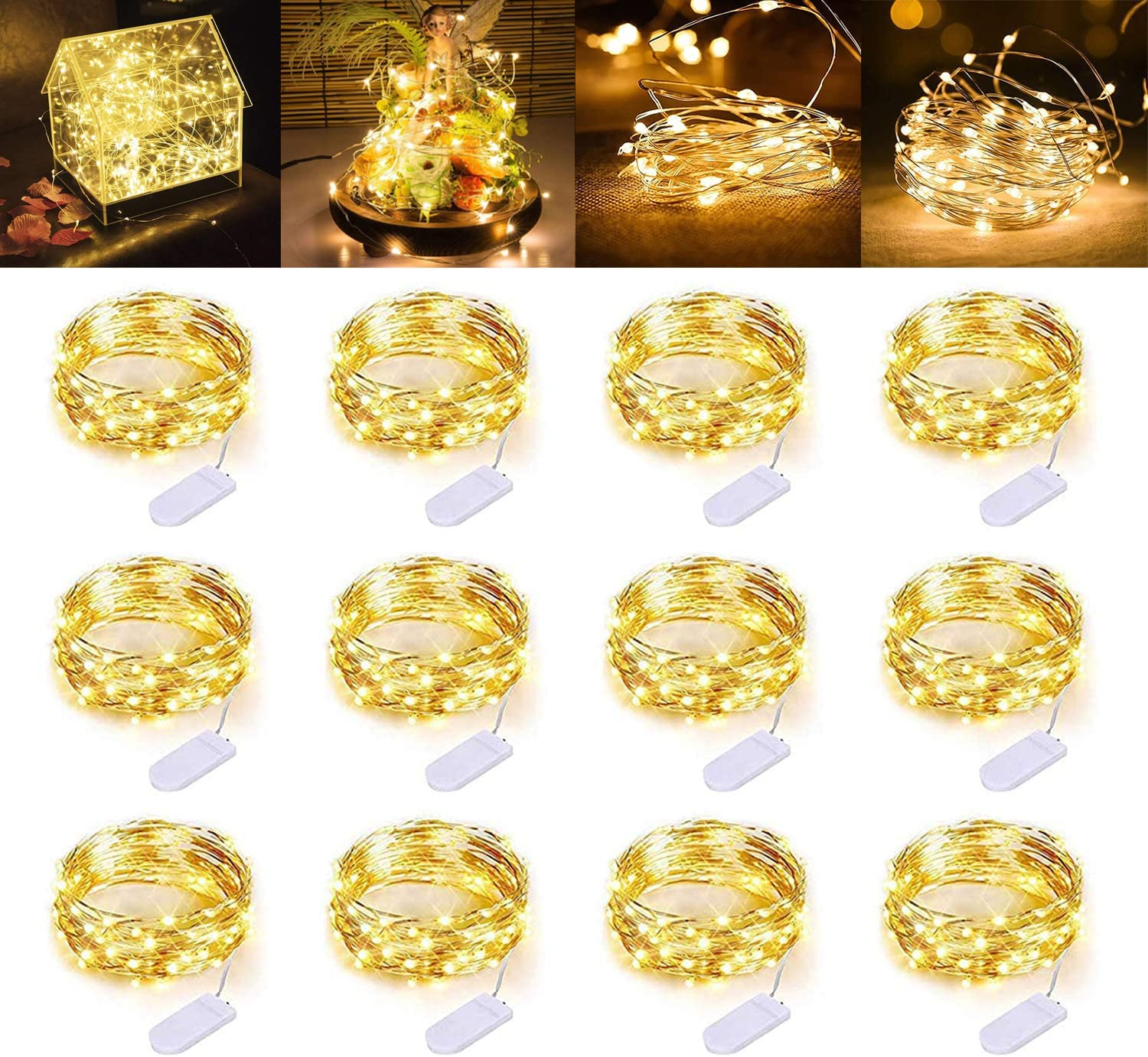 CREATESTAR 12 Pack 20 Mini Leds String Lights, 7.2Ft Waterproof Copper Wire Fairy Lights Battery Operated(Included), for Bedroom Patio Dorm Room Outdoor Wedding Party (Warm White) image number 1