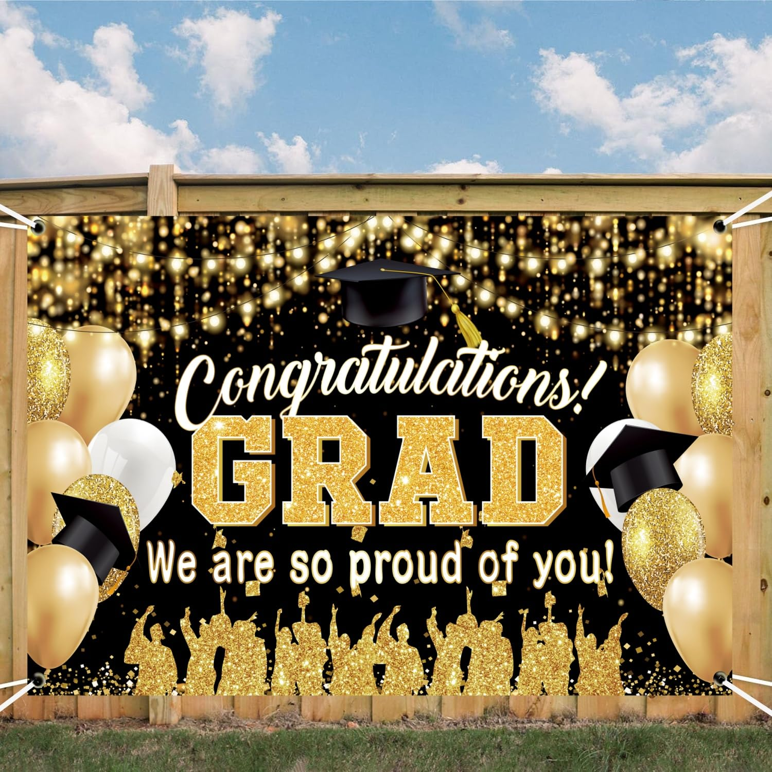 Yuanbigtai Graduation Background Banner 78" X 45" Extra Large and Black Gold Backdrop Congrats Grad We Are Proud of You Cap Diploma Party Decorations Supplies for Indoor Outdoor Photo Booth Props image number 2