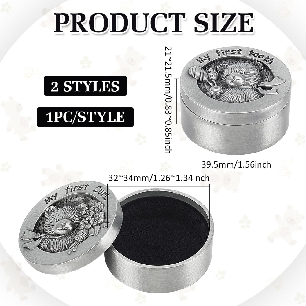 FINGERINSPIRE 2 PCS My First Curl & Tooth Bear Keepsake Box - 1.3Inch Inner Size Antique Silver Baby Teeth Collection for Childhood Memory, Alloy Tooth Holder and Curl Organizer Set image number 3