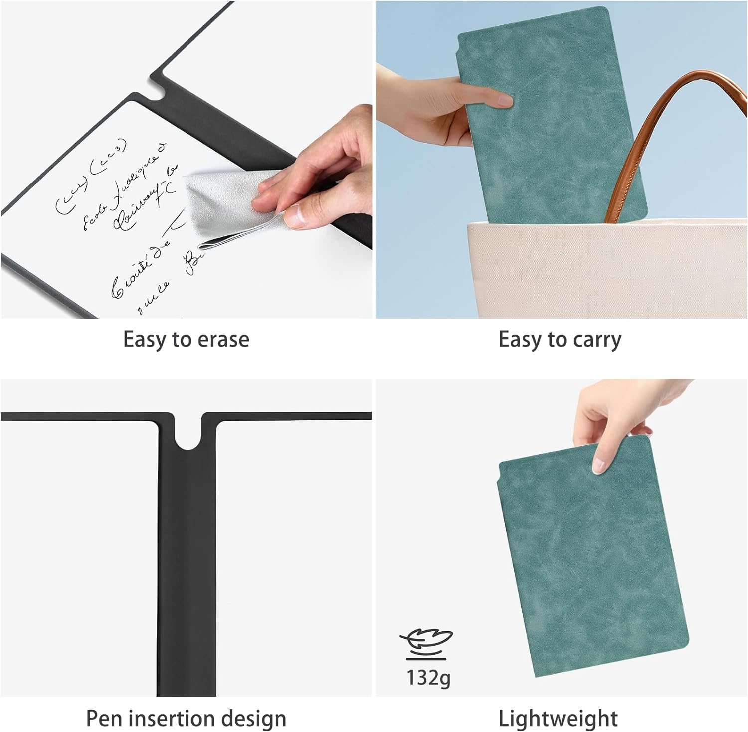 SAYEEC Whiteboard Notebook, Portable Dry Erase Board with 3 Colors Fineliner Pens, Blue PU Cover Erasable Handheld White Board Reusable Drawing Notebook Easel Pad for Meeting, Business, Office, School - Black image number 6