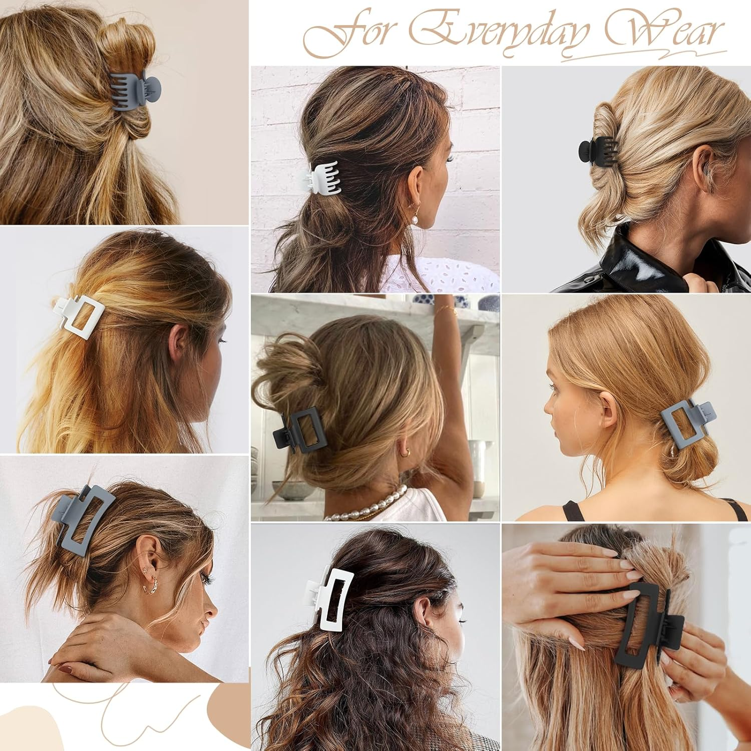 3 Style Claw Hair Clips Set for Women - 9 Pcs Medium Rectangle Clips for Thick Hair, Square Clips for Thin Hair - Grey image number 3
