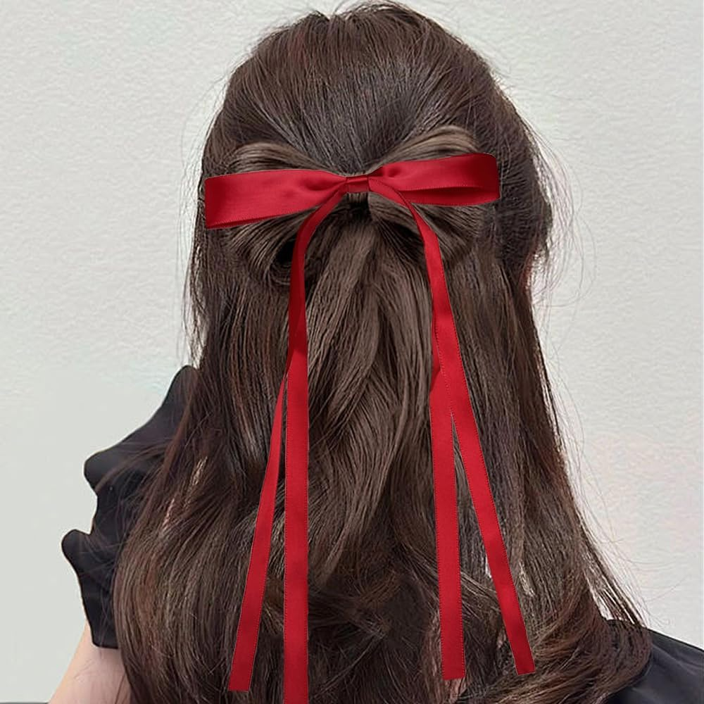 Hair Bows for Women,Hair Ribbon Bows for Women,Red Bow for Hair,Coquette Bows,Long Hair Bows,Ribbon for Hair Bows,Red Hair Clips,Hair Accessories Hair Bows for Festival Party Halloween Christmas 2Pcs - Green image number 3