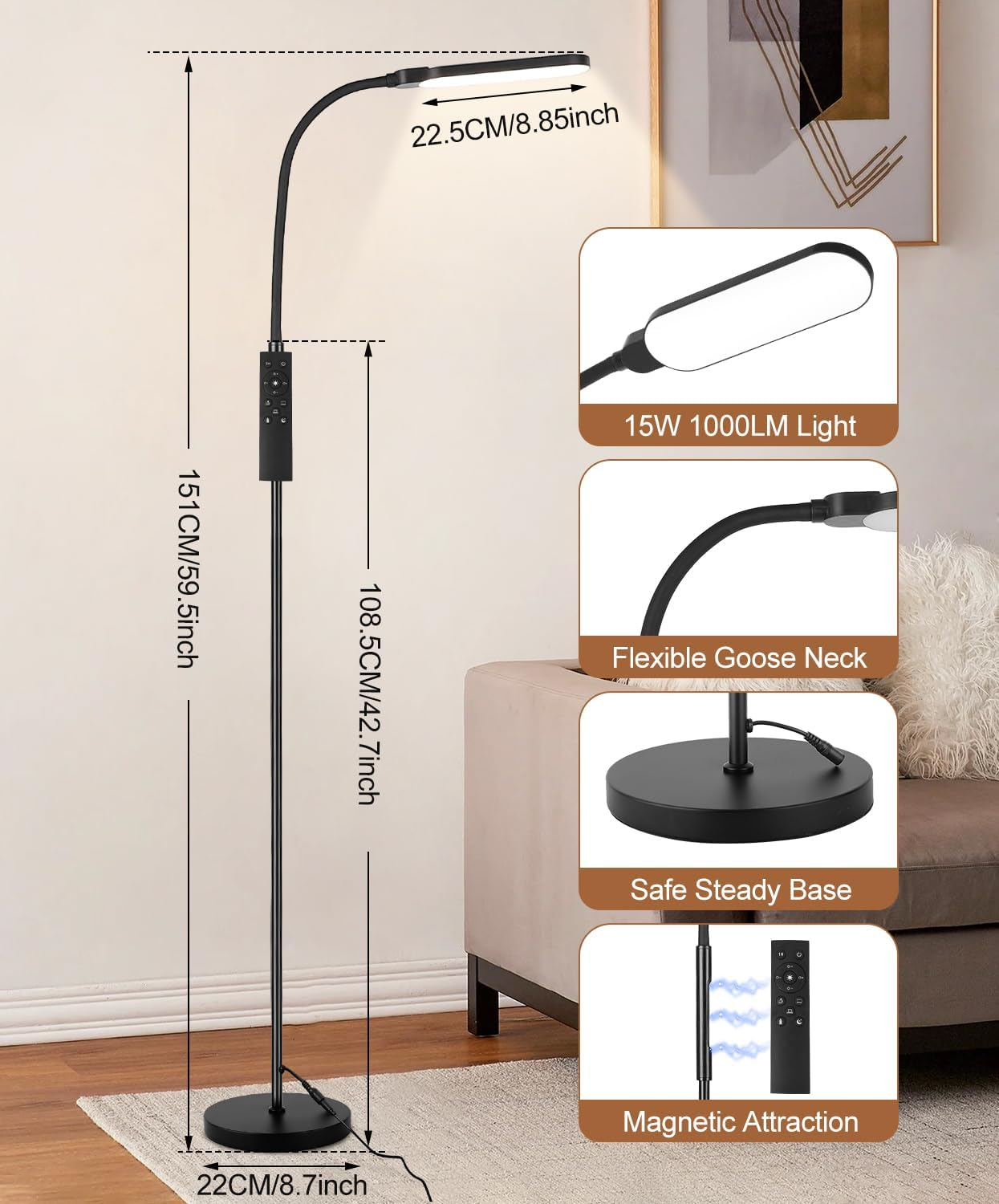 Bright LED Floor Lamp for Living Room, 15W 1000LM Gooseneck Reading Light with Remote& Touch Control, Adjustable 2000K-6000K Colors& Brightness,1H Timer, Modern Standing Lamp for Bedroom Office image number 2