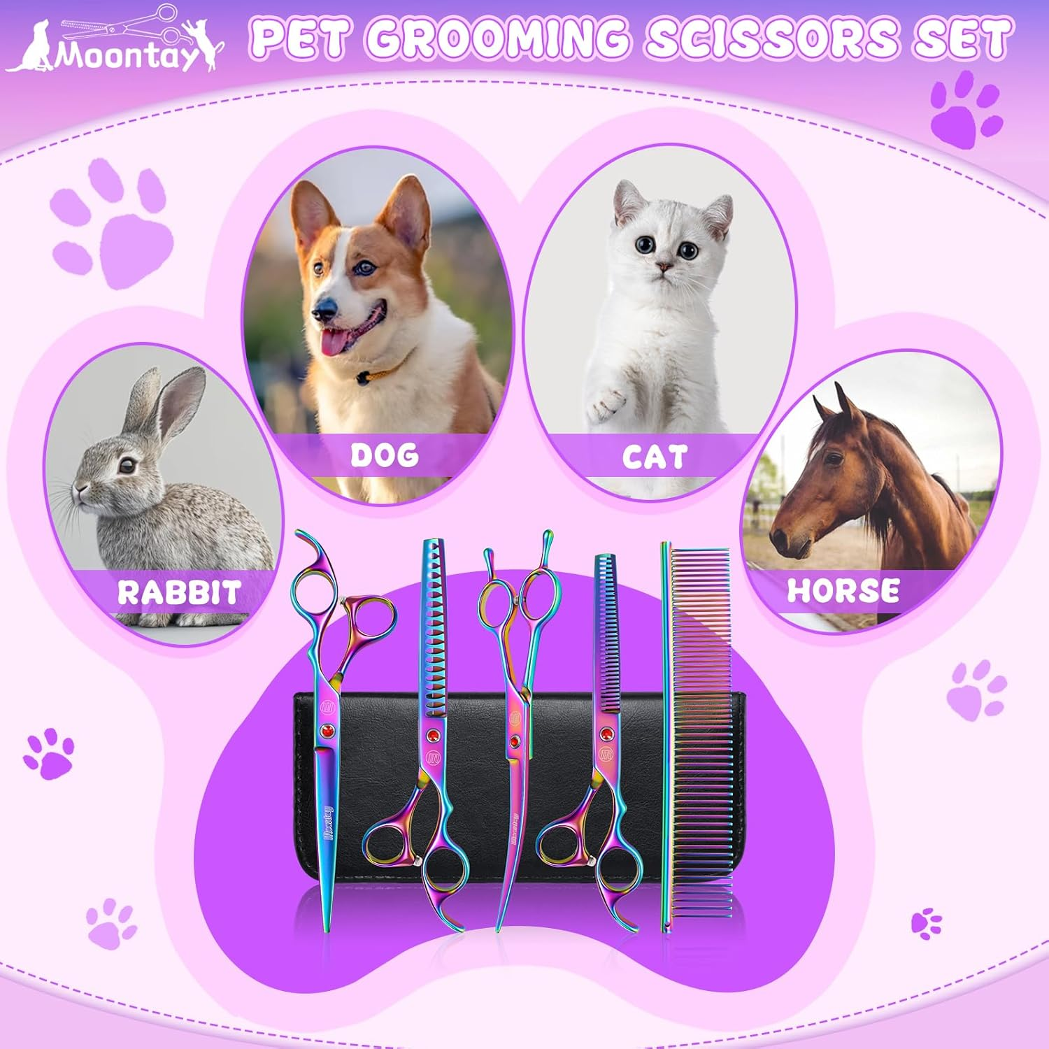 Moontay Professional 7.0" Pet Grooming Scissors Set, 4-Pieces 440C Japanese Steel Straight & Curved & Thinning & Chunker Shears/Scissors with 1 Grooming Comb for Dog Cat and More Pets, Multicolour image number 5