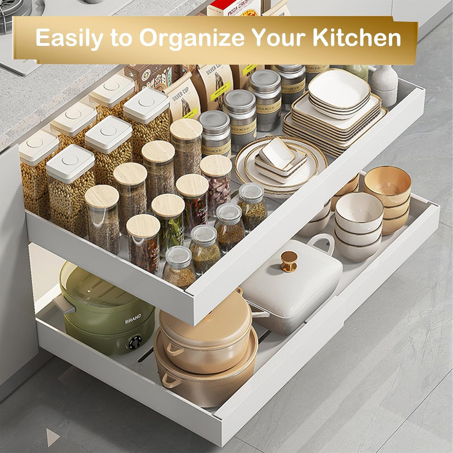 DCWINNES Pull Out Cabinet Organizer, Cabinet Organizer Drawer (Deep 16.53'',Expandable 17.1''-26.7''),Heavy Duty Slide Out Drawers Fixed with 3 Adhesive Nano Films for for Kitchen Pantry, (White 1Pcs) image number 6