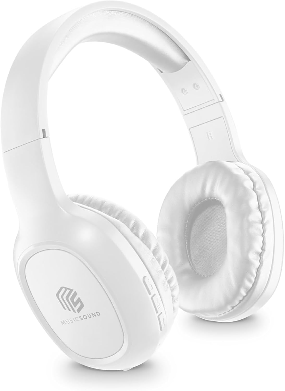 Music Sound | Basic Bluetooth Headphones | Earcup Bluetooth Headphones with Extendable Headband - 8 Hours Battery Life - 2 Hours Charging Time - LED Indicator and AUX Input - White