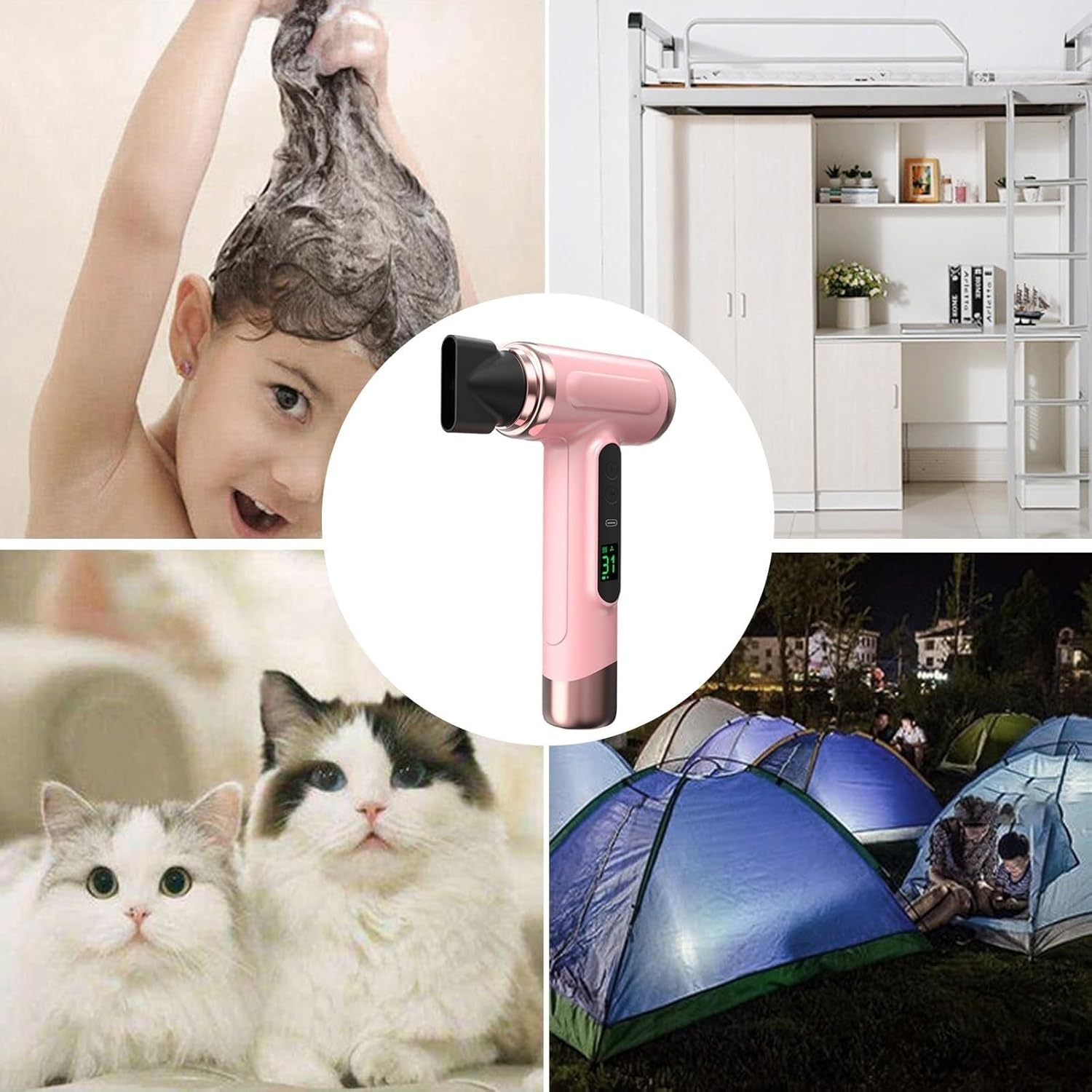 Cordless Travel Hair Dryer Rechargeable, 3 Speeds or 3 Temperatures, Digital Screen Compact, Lightweight, Fast Drying for Women or Men on the Go (Pink) - Pink image number 3