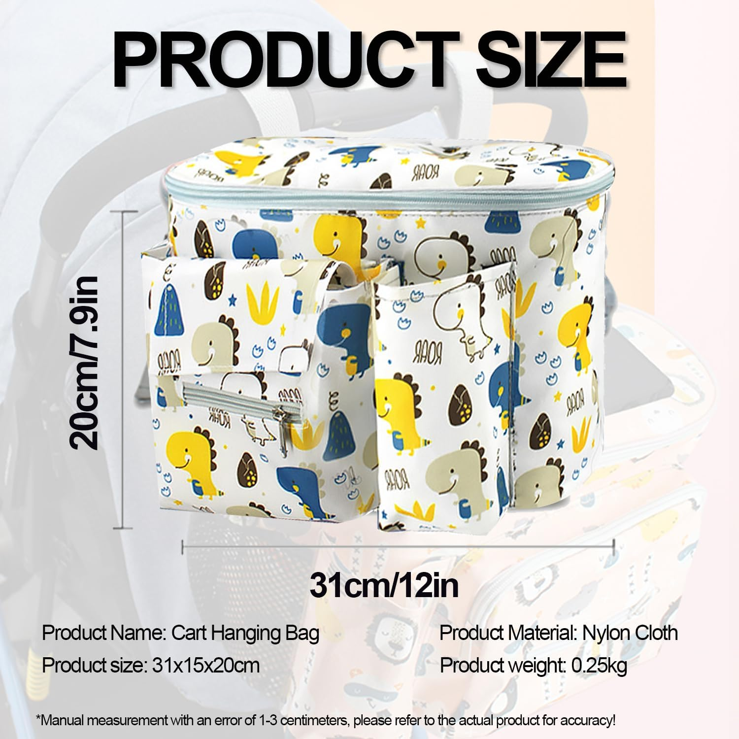 Baby Stroller Hanging Organiser Bag 12.2X7.8X5.9In Large Capacity Universal Waterproof Multi Pocket Diaper Storage with Tissue Dispenser Compact Design Universal Fit for Prams & Buggie(Dinosaur)