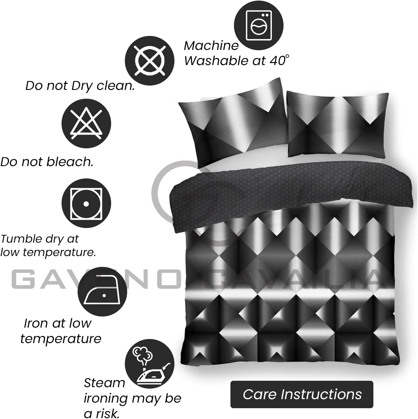 GC GAVENO CAVAILIA Luxury Triangle Duvet Cover, Soft & Cosy Reversible Bedding Double Bed Set with Pillowcases, Black