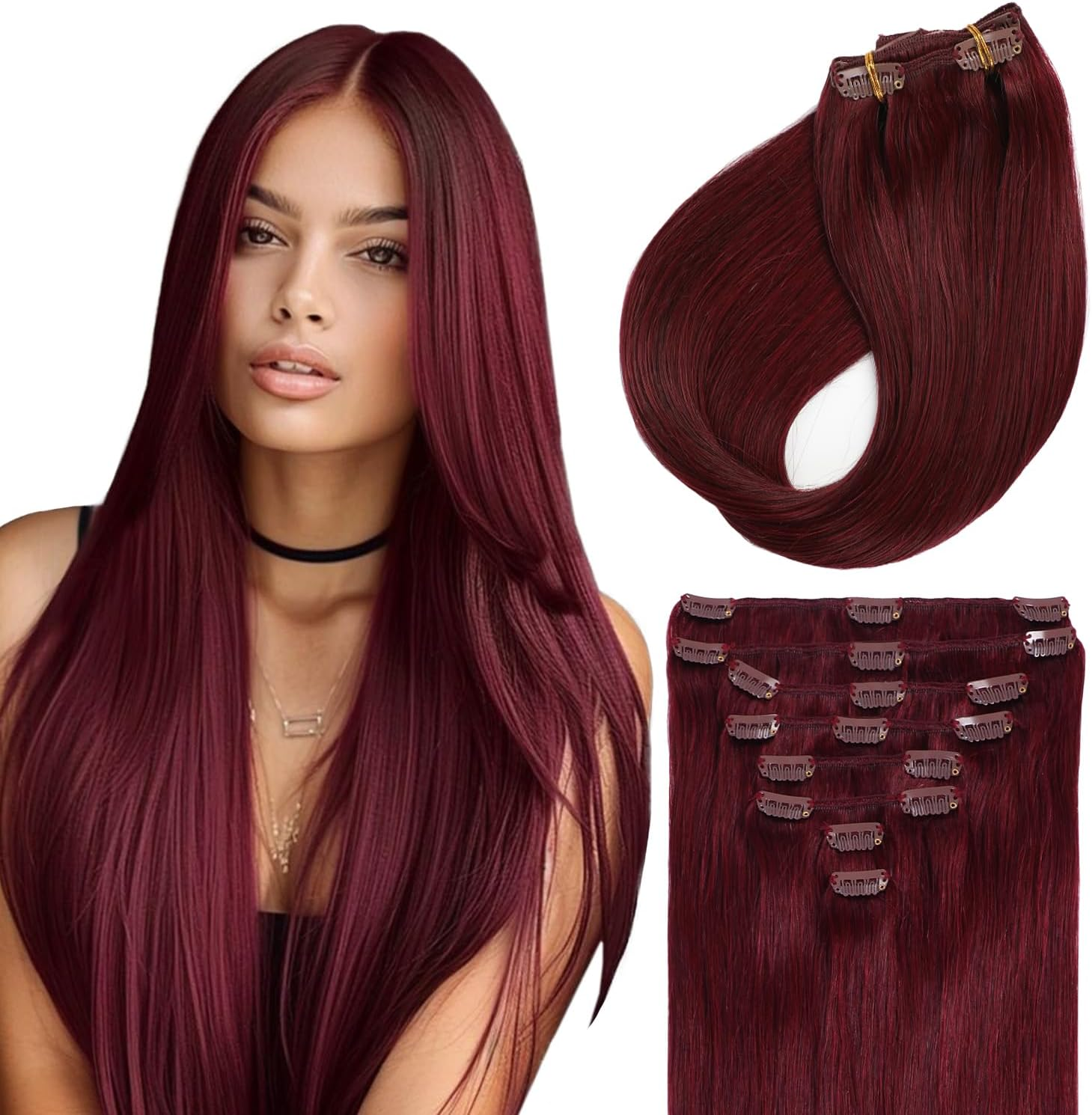 Sunya Clip-In Real Hair Extensions, Burgundy Real Human Hair Extensions, Invisible, 45 Cm, Semaless Clips, 7 Pieces, 80 G/Pack, #99J image number 3