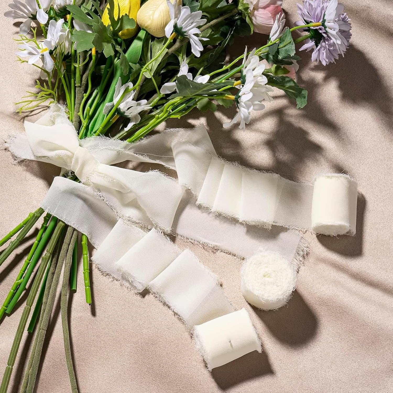 Rhoyee 3 Rolls Ivory Chiffon Ribbon &ndash; Handmade Fringe Silk Ribbon Set (2.5Cm X 5M Each, 15M Total) for Wedding Bouquets, Gift Wrapping, Invitations, DIY Crafts & Floral Decorations image number 5