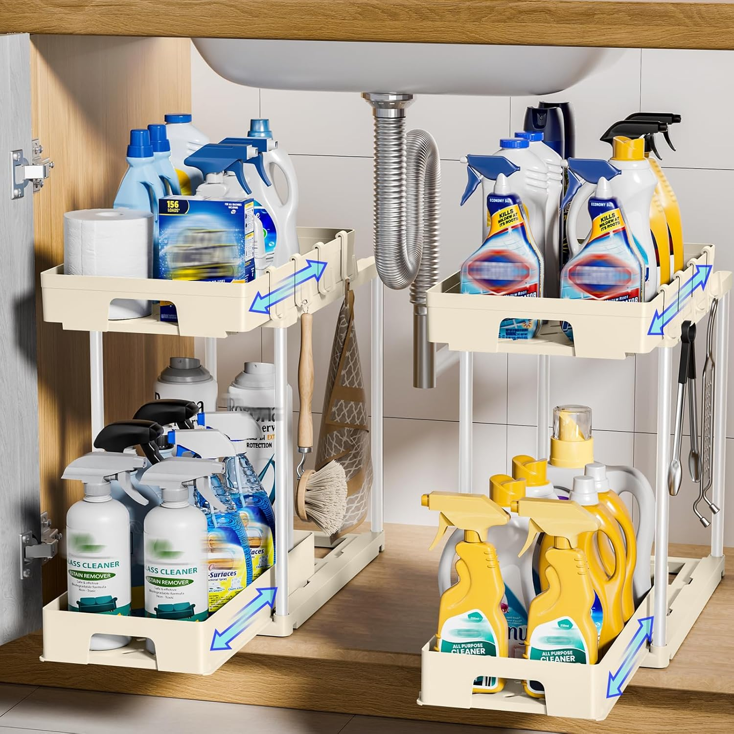 Delamu under Sink Organizers and Storage, 2 Pack Pull Out Kitchen Bathroom Cabinet Organizer, 2 Tier Black under Sink Storage for Bathroom Kitchen, under Counter Storage Organizer with 8 Hooks