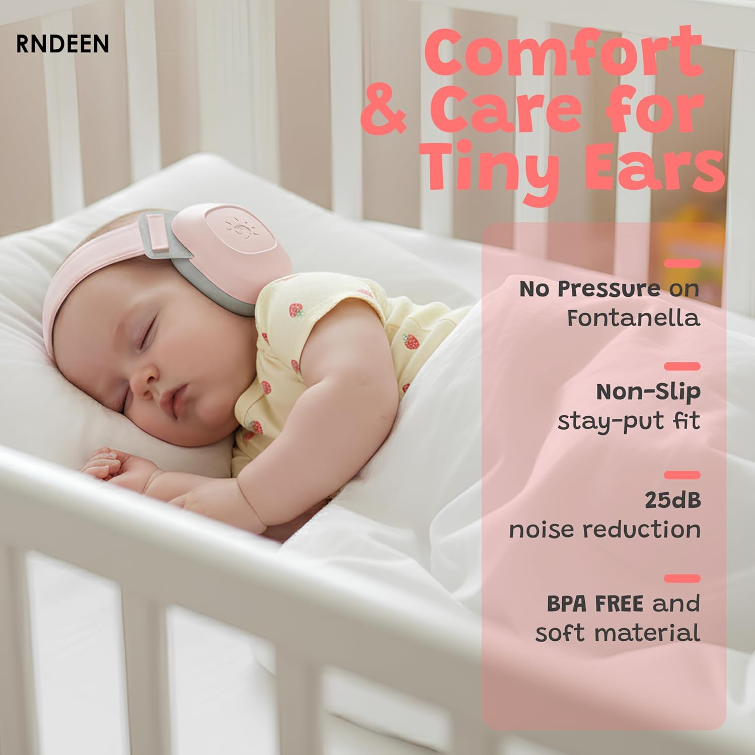 Rndeen Pro Baby Ear Muffs for Noise Protection 25Db Noise Reduction for Infants 0-48 Months CE & ANSI Certified Adjustable Ergonomic Ultrasoft Anti-Slip Safe Soothing Travel Sleep (Pink) image number 6