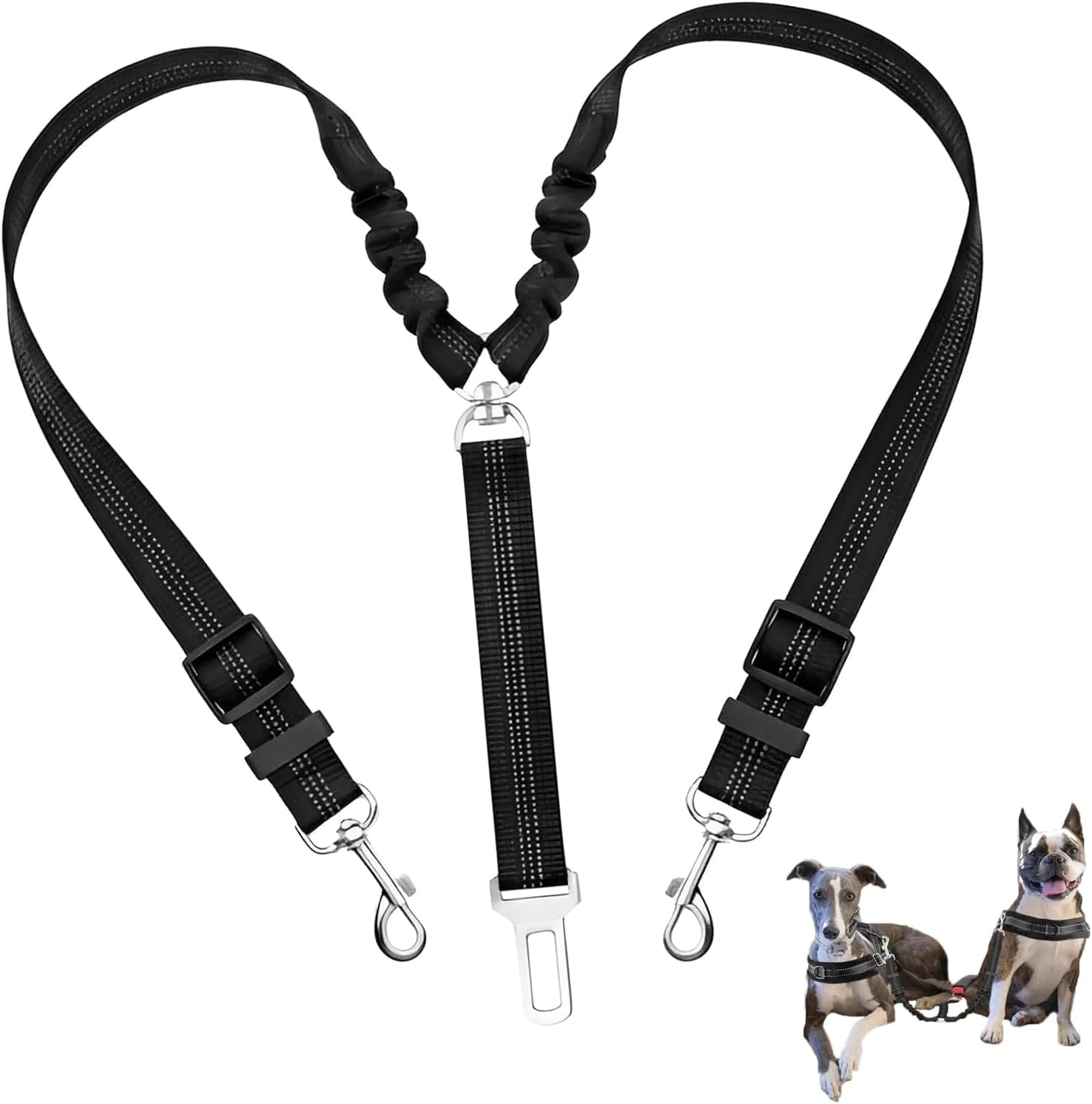 Double Dog Seatbelt - Dual Pet Car Seat Belt Adjustable Double Dog Coupler Lead with Elastic Bungee and Adjustable Dual Pet Car Seat Belt with Elastic Bungee & Reflective Stripe image number 4