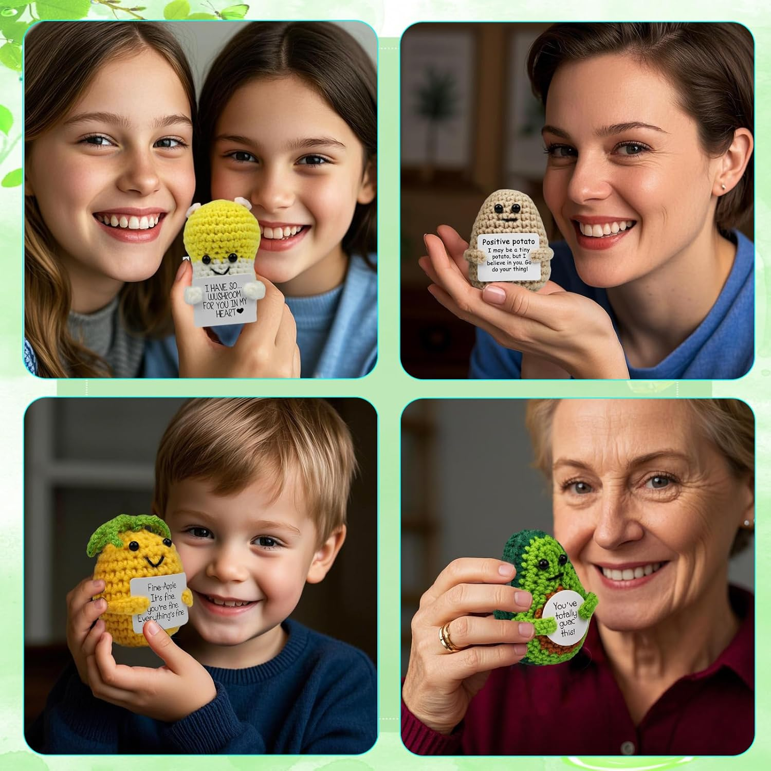 SZMDLX Positive Crochet Potato Mushroom Avocado Pineapple, 4PCS Emotional Inspirational Support Cute Stuff, Home Decoration, Funny Handmade Crochet with Positive Card, Encouragement Gifts for Friends image number 4