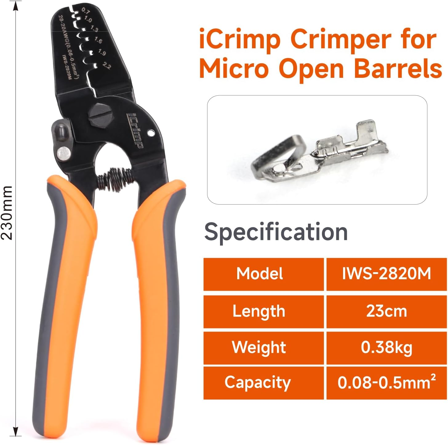 Icrimp IWS- 2820M Mini Micro Open Barrel Crimping Tools 0.08-0.5Mm&sup2; Works on JAM, Molex, Tyco, JST Terminals and Connectors image number 1