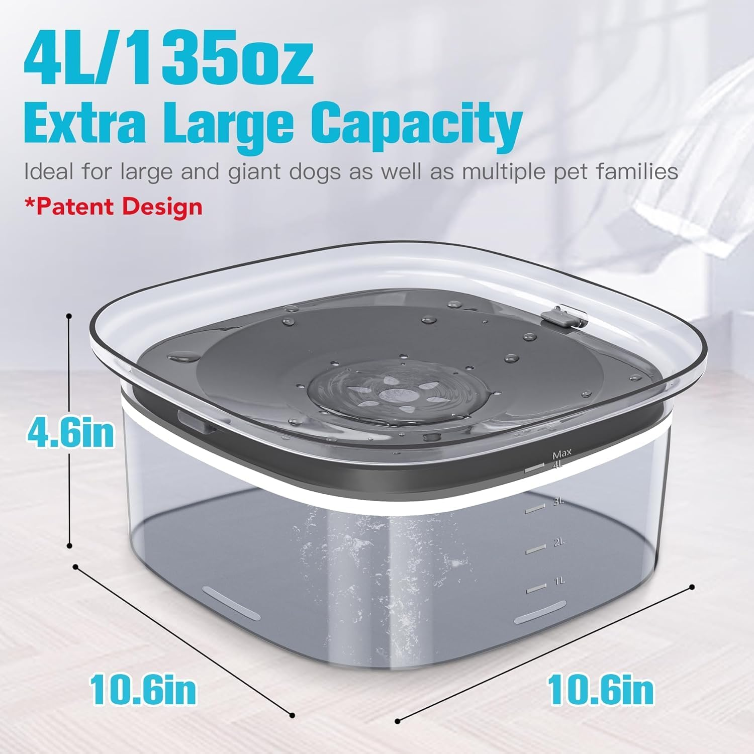 Dog Water Bowl 4L,135Oz No Spill Dog Bowl Large Capacity Slow Water Feeder with Carbon Filter, Splash Proof Pet Water Dispenser Vehicle Carried Travel Slow Drinking Water Bowl for Dogs, Cats (Grey) image number 1