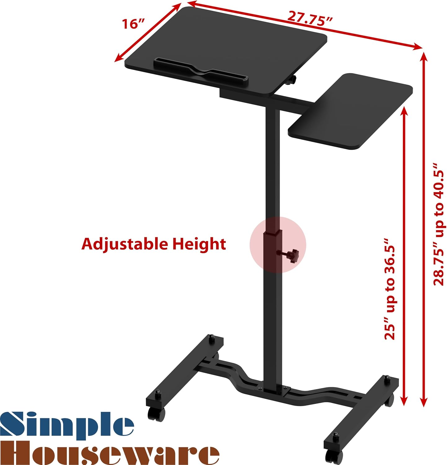 SHW Height Adjustable Tim Rolling Laptop Cart with Tilting Desktop and Side Shelf, 73 to 103.9 Cm, Black image number 1