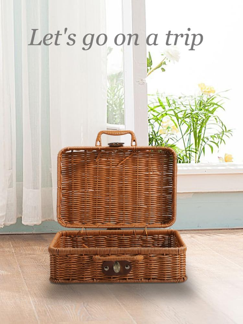 Retro Plastic Wicker Suitcase,Rattan Suitcase Box with Leather Strap Lock,Wicker Picnic Basket Storage Box,Suitcase Basket Rattan Storage Basket for Picnic outside Party (A1)
