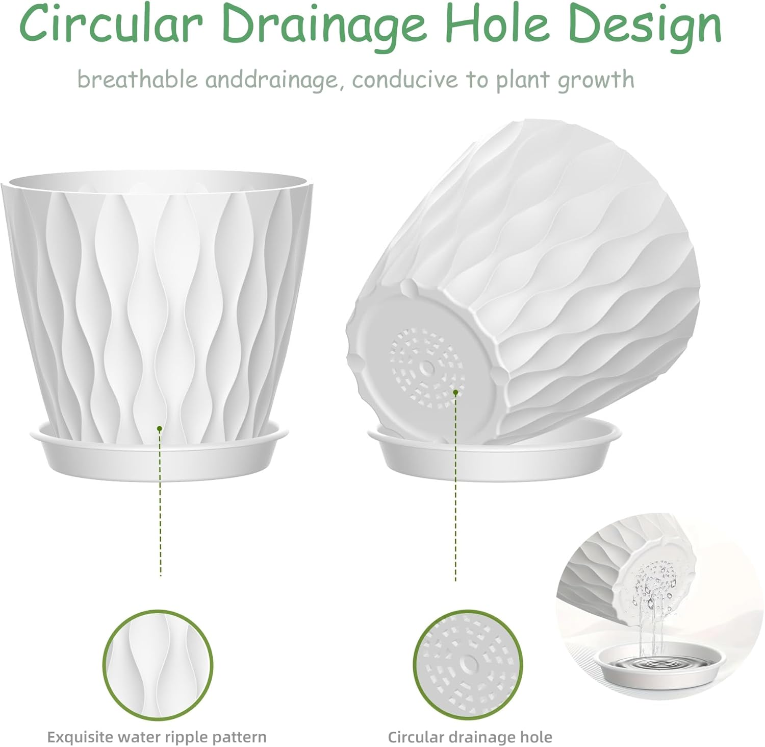 Plant Pots with Drainage 6 Inches Home Decor Flower Pots for Indoor Planter Pack of 6 Plastic Planters for Indoor Plants, Cactus, Succulents Pot - White image number 2