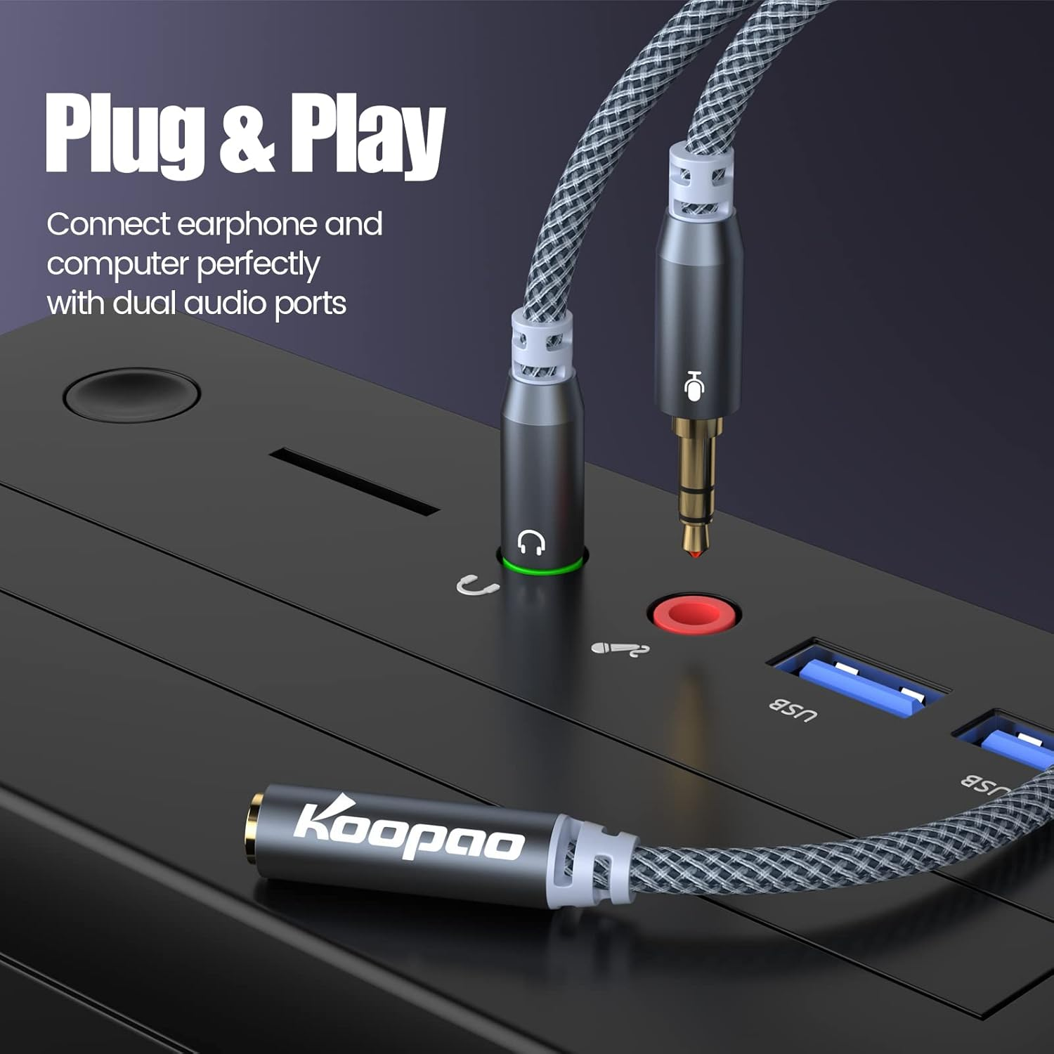KOOPAO Headphone Splitter for Computer 3.5Mm Female to 2 Dual 3.5Mm Male Headphone Mic Audio Y Splitter Cable Smartphone Gaming Headset to PC PS4 Tablet Laptop Adapter Grey image number 3
