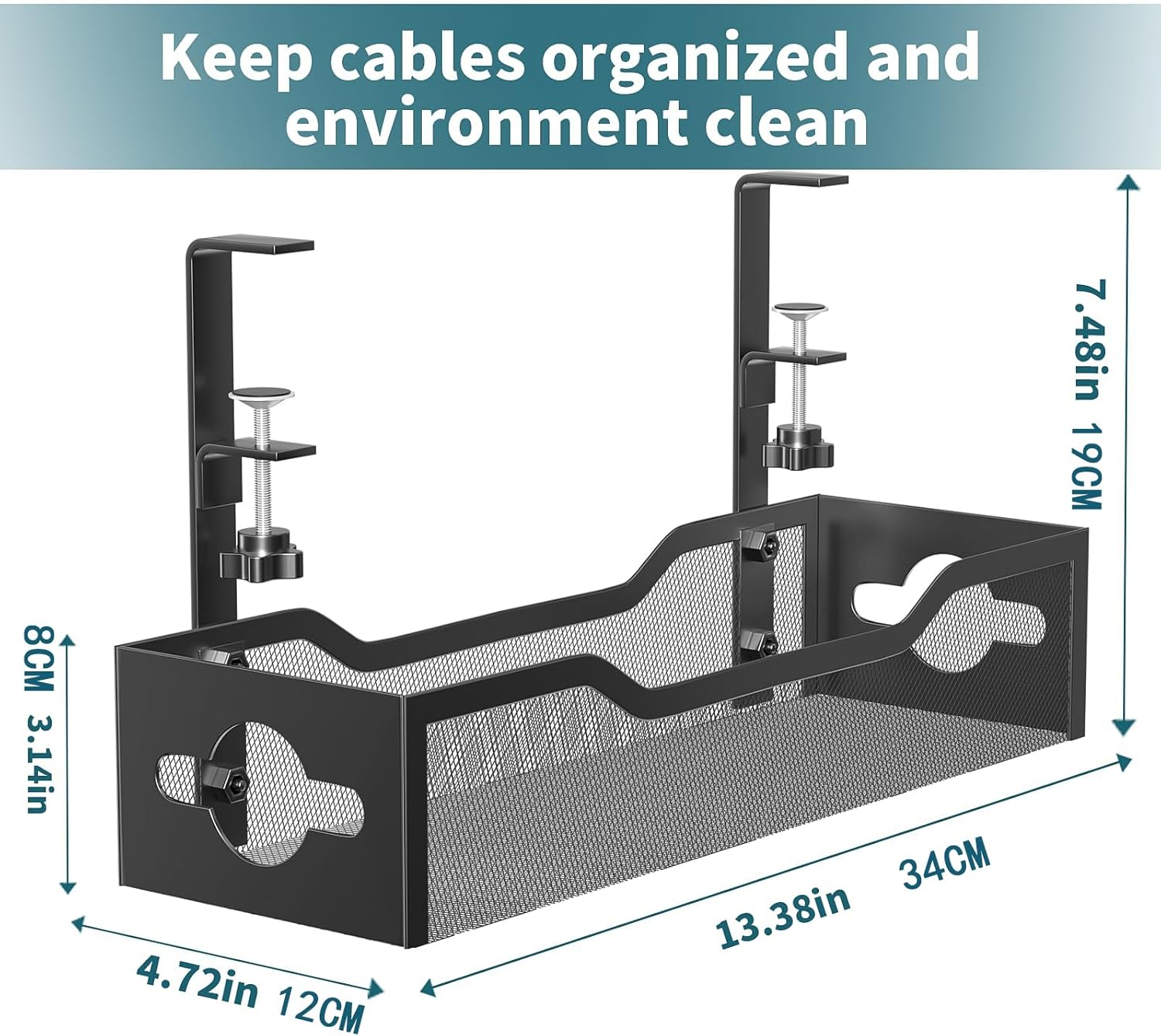Under Desk Cable Management Tray, Metal Mesh with Clamp Mount, 1-5Cm Adjustable Height, Wire Organiser for Office Desk（Black image number 4
