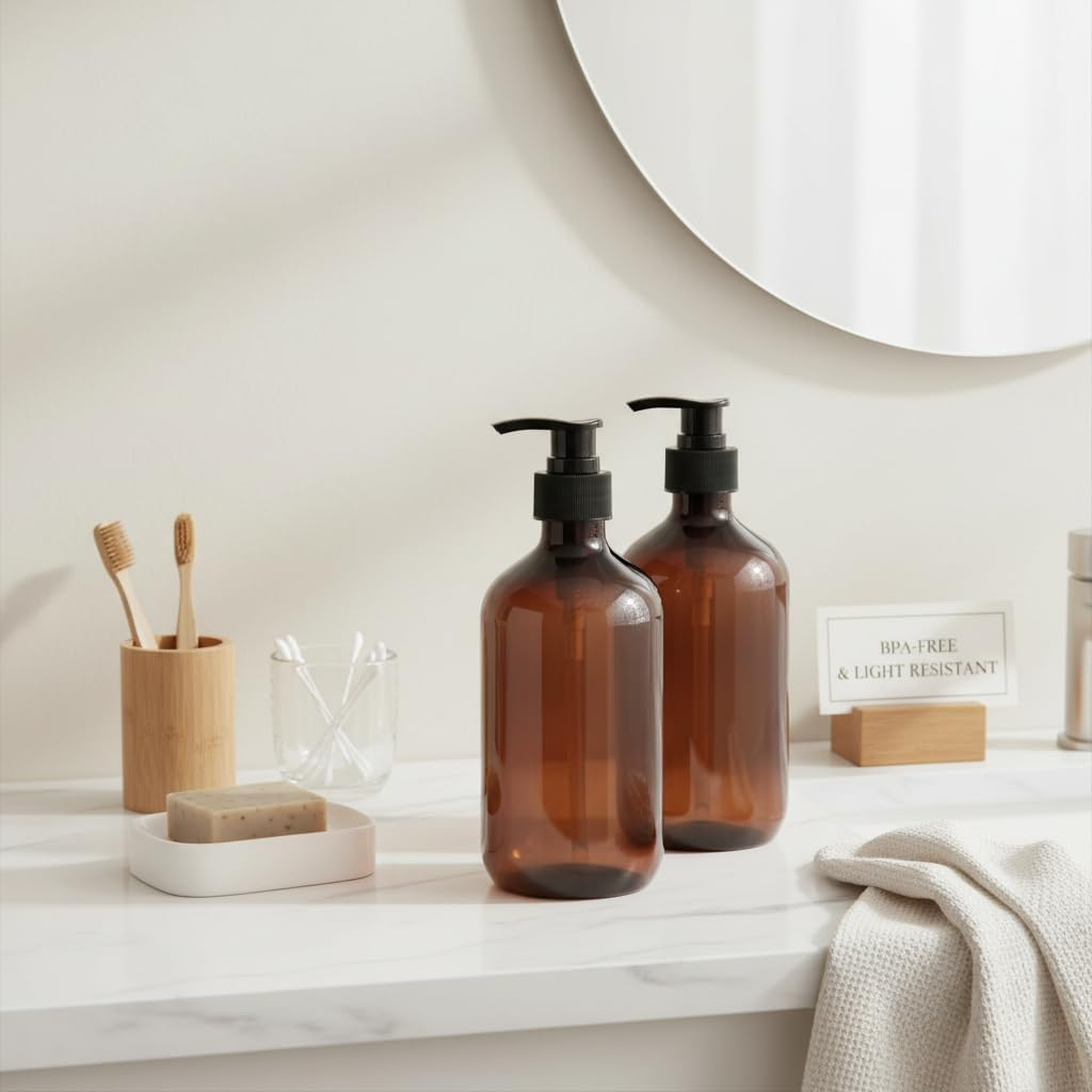 Brown Plastic Pump Bottle for Shampoo and Soap Dispenser, Refillable and Reusable 17Oz/500Ml 2 Pack - Abvian image number 1