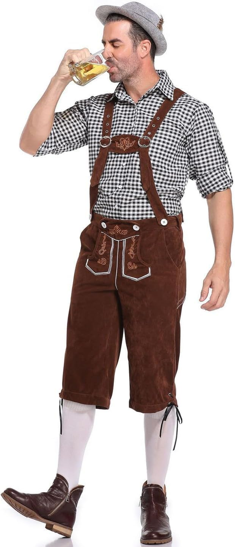 Slowton Oktoberfest Costume for Men - 2PCS Men Lederhosen Set with Suspenders and Shirt Adult German Bavarian Brown Lederhosen Outfits for Halloween Dress up Party Beer Festival Costume image number 5